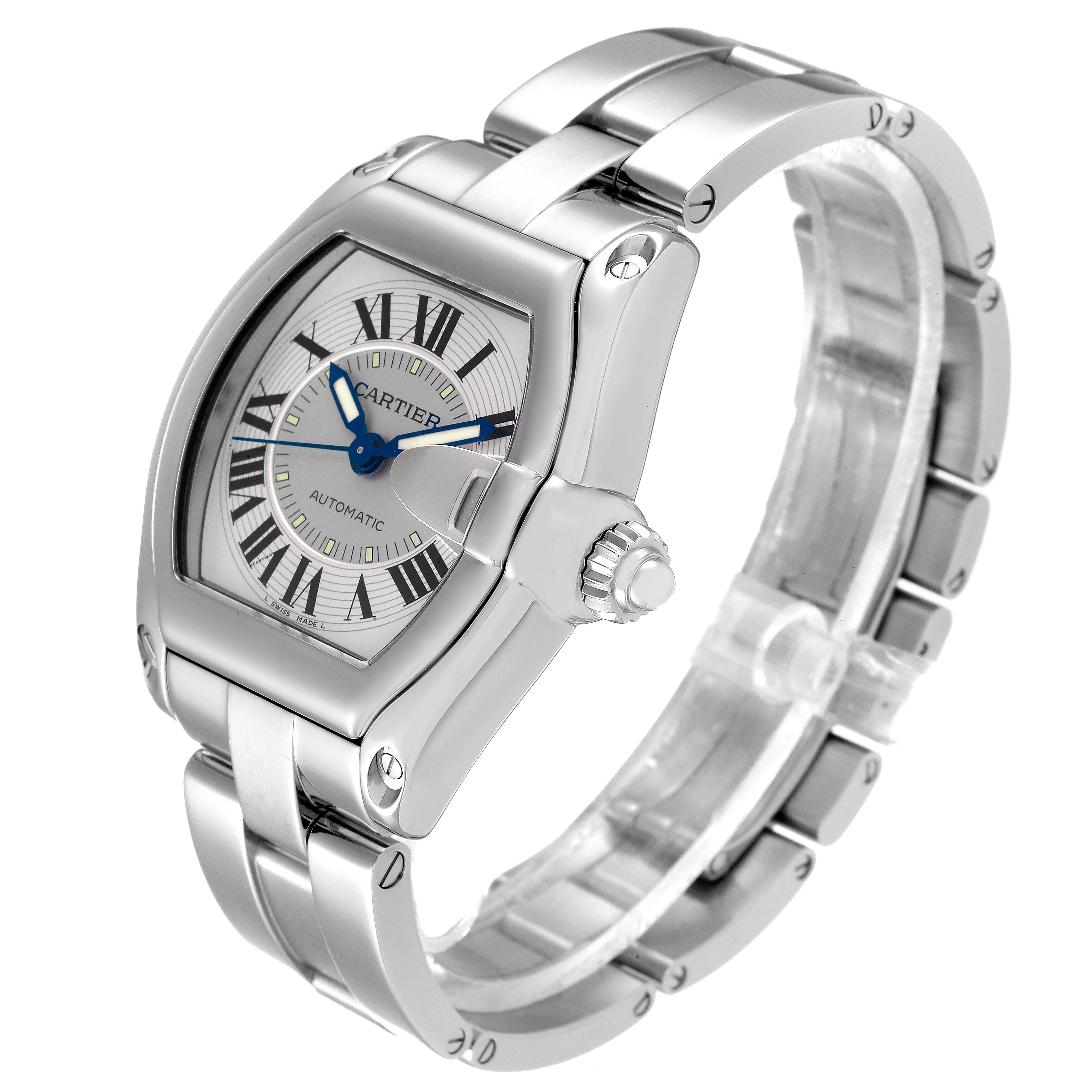 This image shows the Cartier Roadster W62000V3 Men
s Stainless Steel Silver Dial W62000V3 Men
s Stainless Steel Silver Dial watch at a three-quarter angle, highlighting the face, crown, and bracelet.