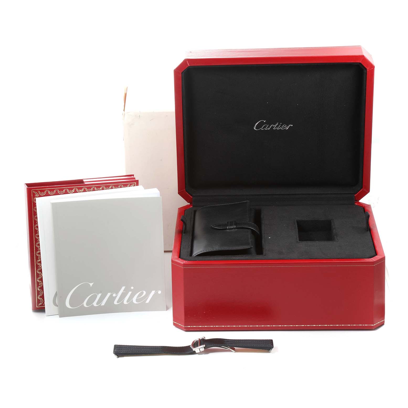 The image shows the Cartier Roadster W62000V3 Men
s Stainless Steel Silver Dial W62000V3 Men
s Stainless Steel Silver Dial watch box, booklets, a black watch pouch, and an additional watch strap.