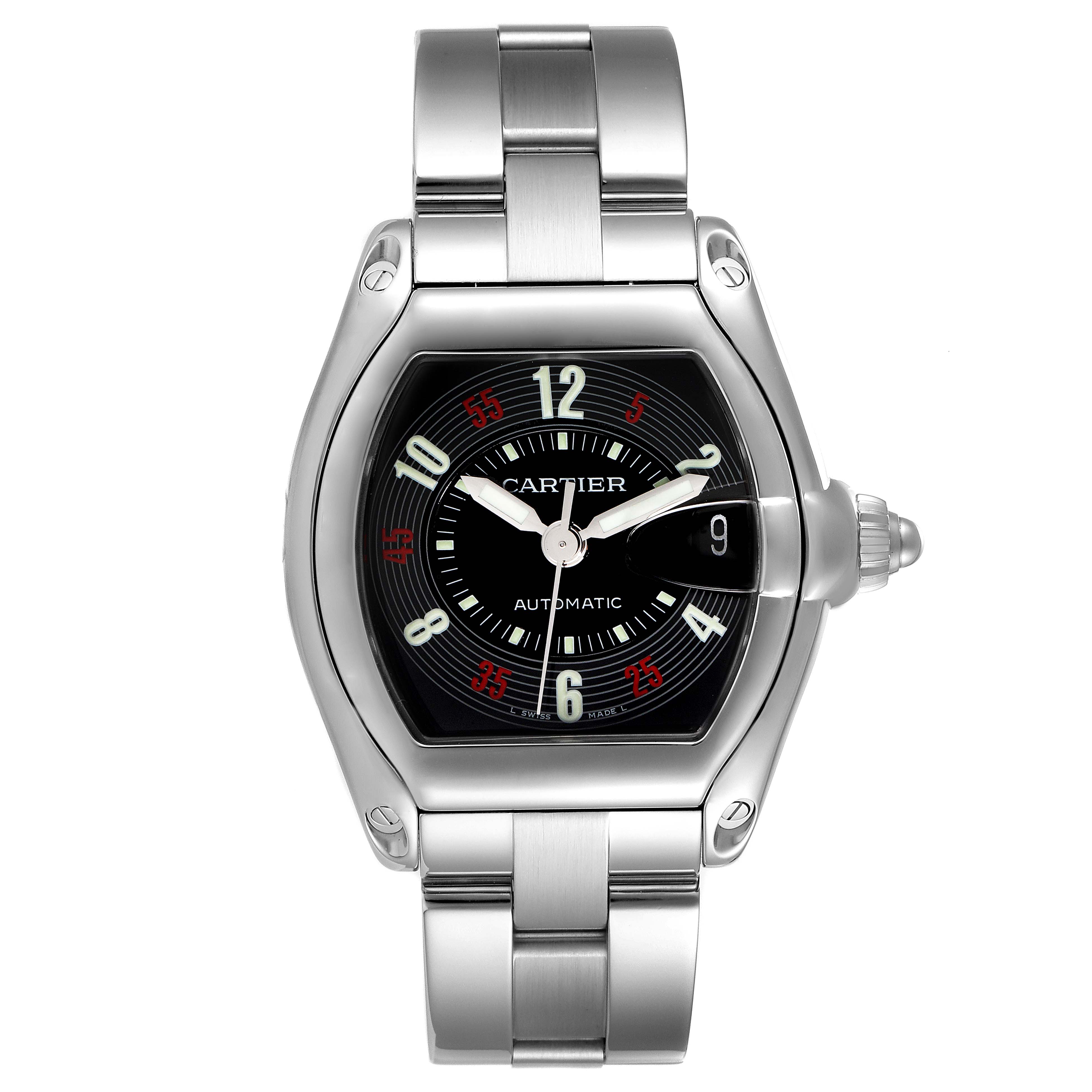 The image shows a front view of the Cartier Roadster W62002V3 Men
s Stainless Steel Black Dial W62002V3 Men
s Stainless Steel Black Dial watch, highlighting the face, hands, and bracelet.