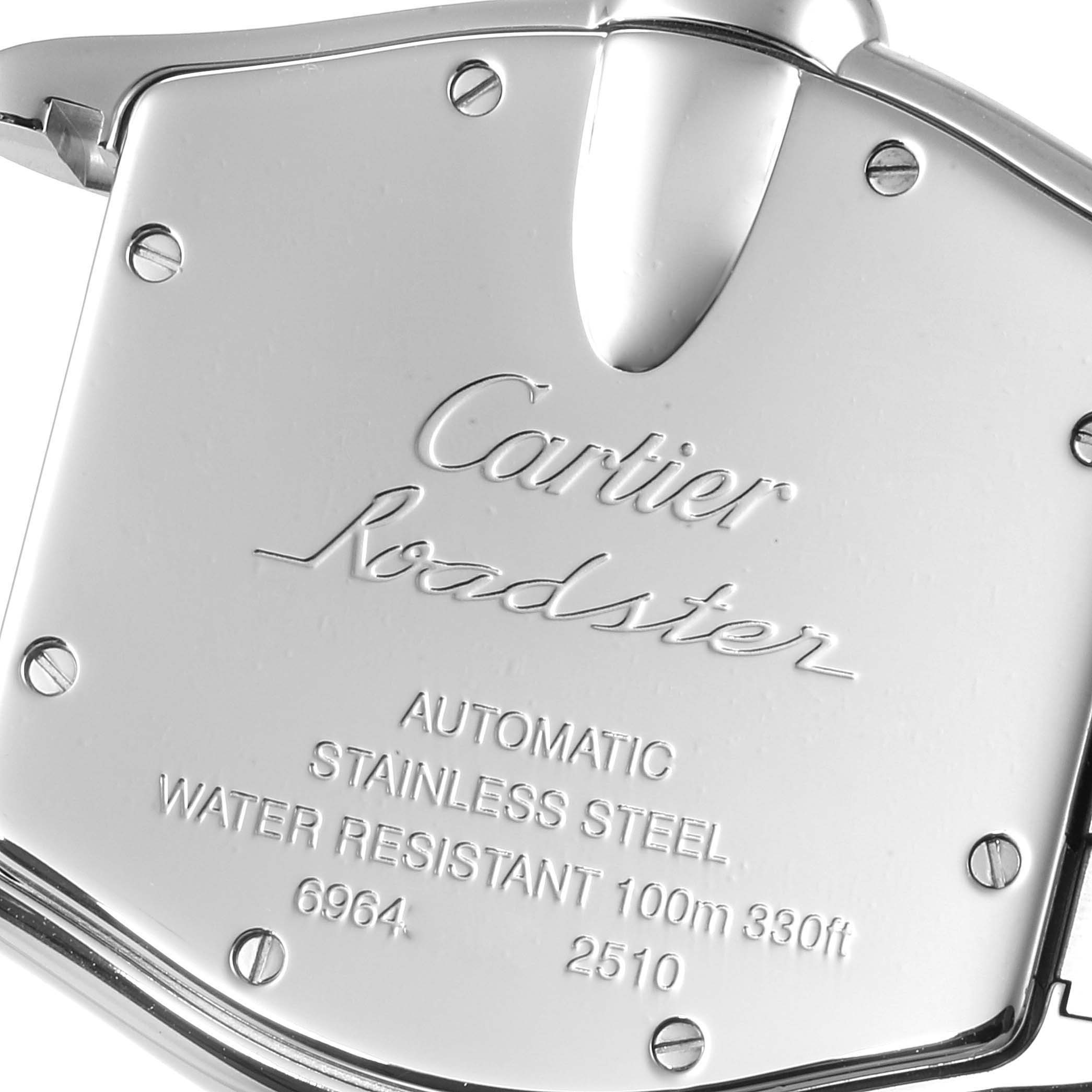 The image shows the back casing of a Cartier Roadster W62002V3 Men
s Stainless Steel Black Dial W62002V3 Men
s Stainless Steel Black Dial watch, highlighting inscriptions and screws.