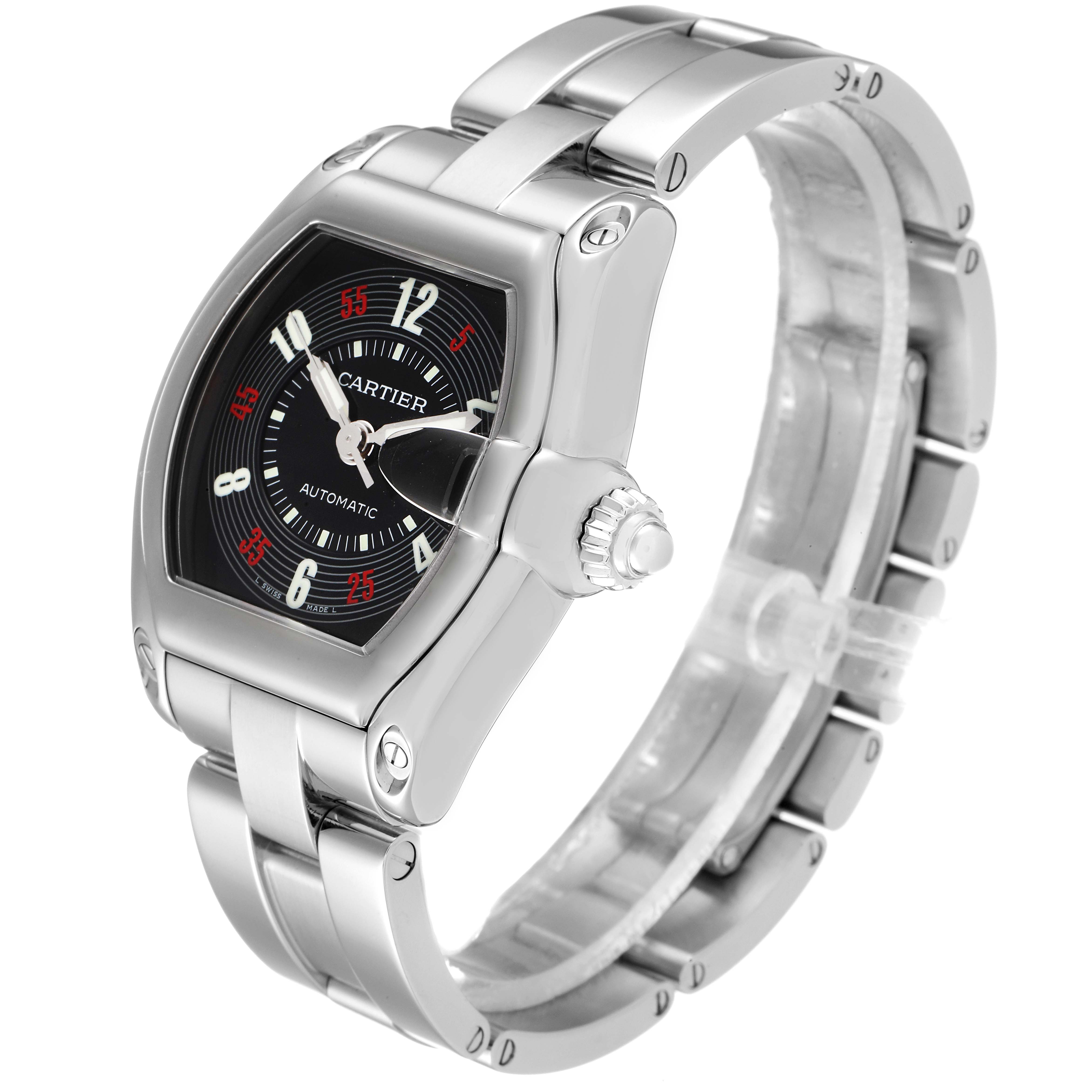 The Cartier Roadster W62002V3 Men
s Stainless Steel Black Dial W62002V3 Men
s Stainless Steel Black Dial watch is shown in a semi-side angle, highlighting the face, case, bracelet, and crown.