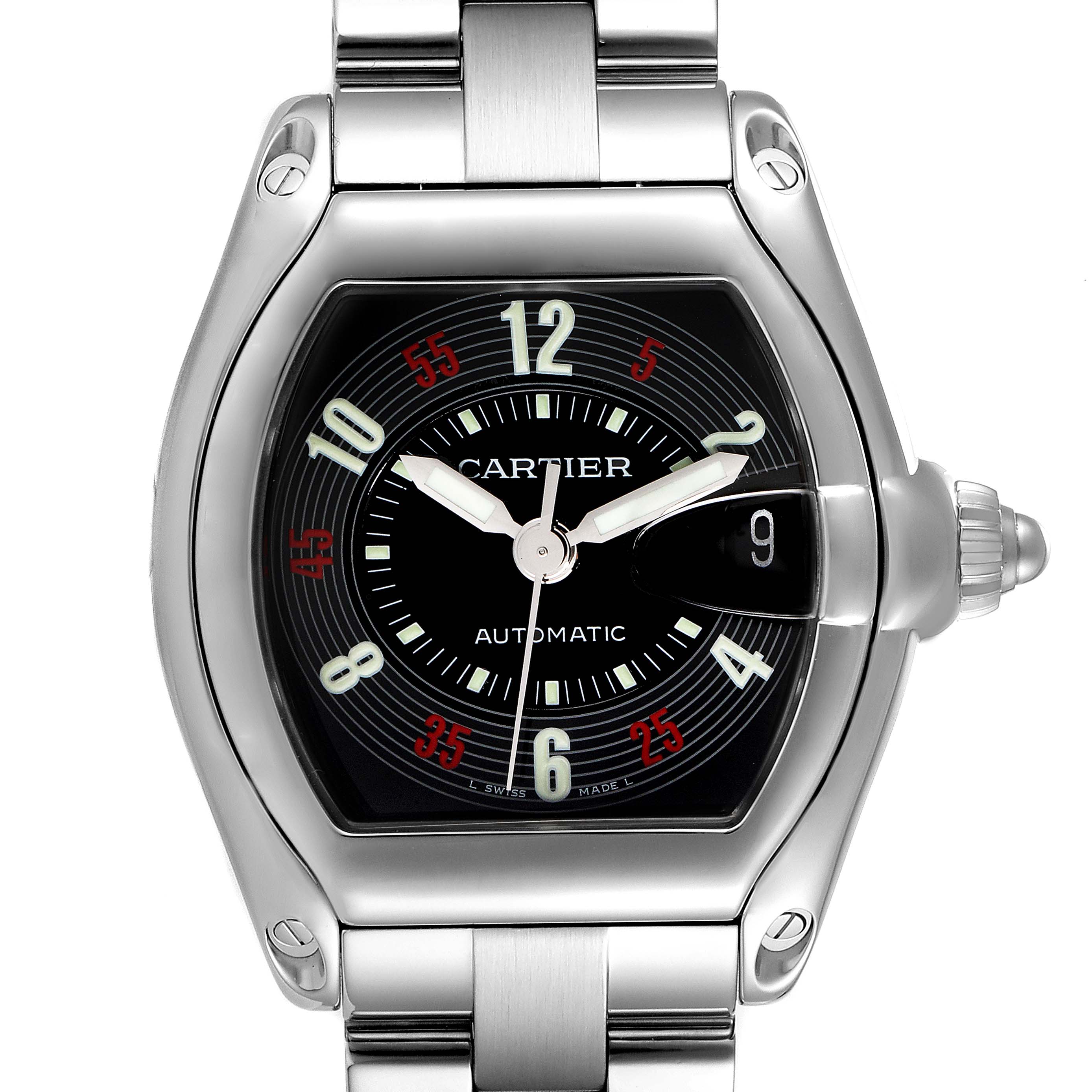 The image shows a front view of the Cartier Roadster W62002V3 Men
s Stainless Steel Black Dial W62002V3 Men
s Stainless Steel Black Dial watch, displaying the dial, crown, and part of the metal bracelet.