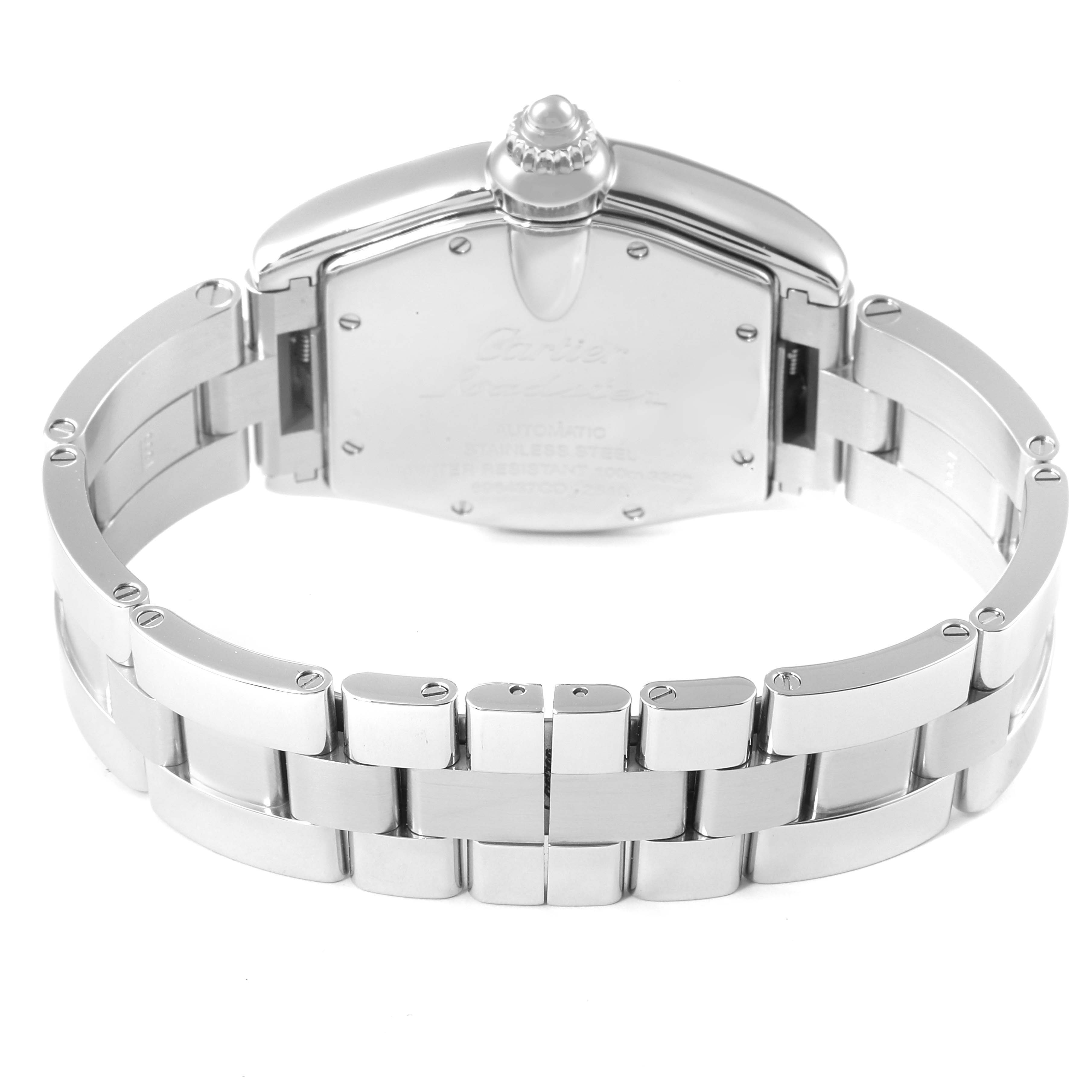 The image shows a rear view of the Cartier Roadster W62002V3 Men
s Stainless Steel Black Dial W62002V3 Men
s Stainless Steel Black Dial watch, focusing on its stainless steel bracelet and case back.