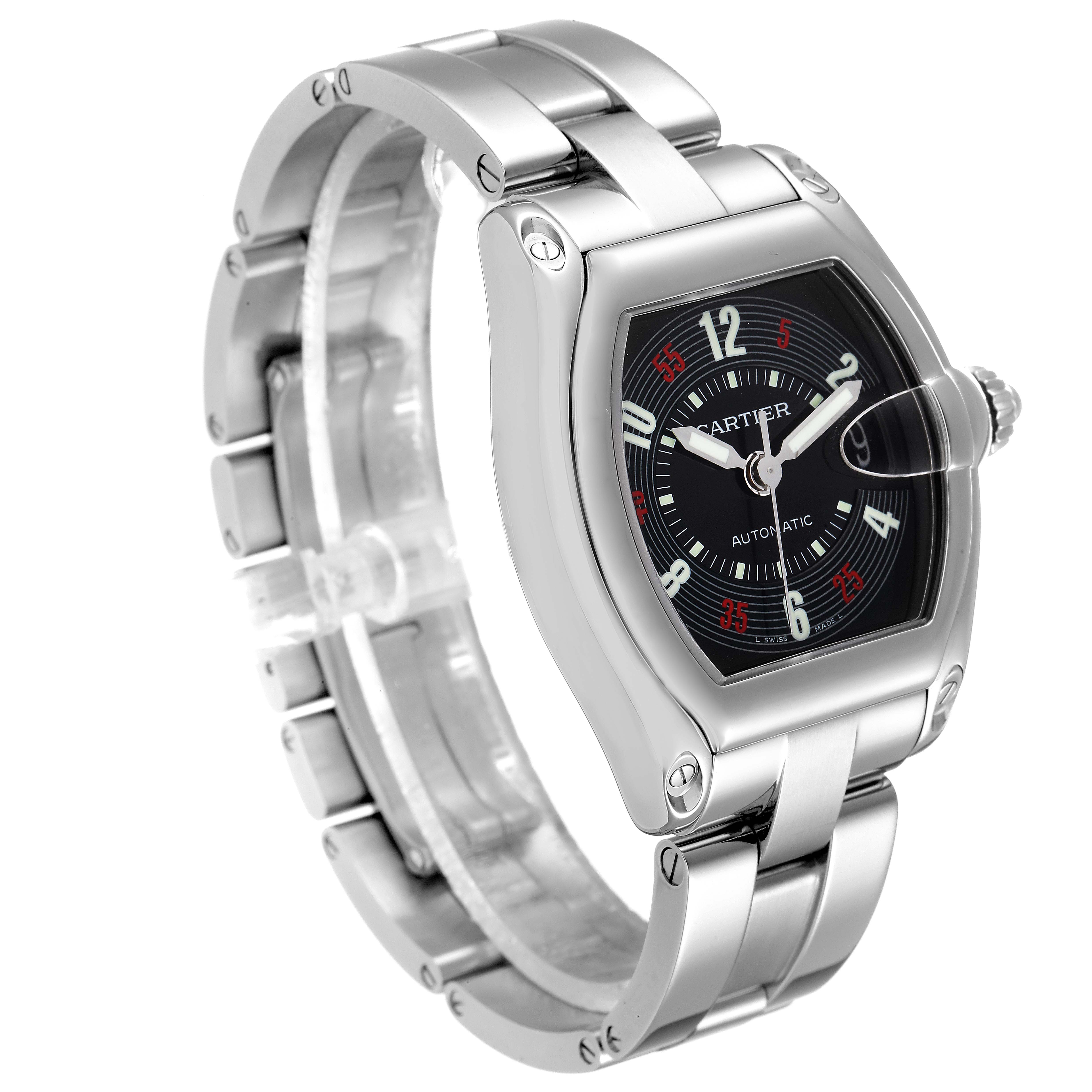 The Cartier Roadster W62002V3 Men
s Stainless Steel Black Dial W62002V3 Men
s Stainless Steel Black Dial watch is shown from a front-side angle, highlighting its face, bezel, and metal bracelet.