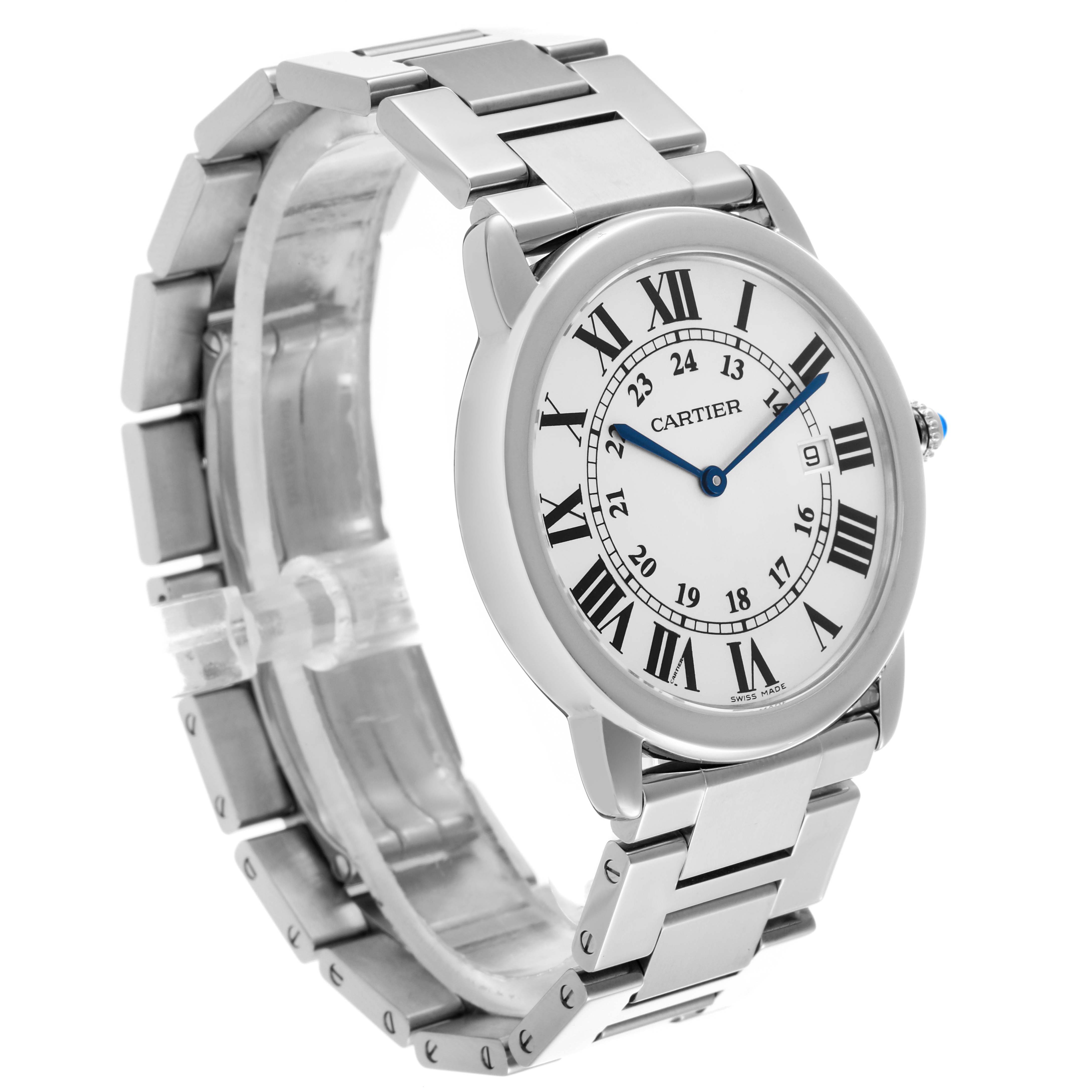 The Cartier Ronde W6701005 Men
s Stainless Steel Silver Dial W6701005 Men
s Stainless Steel Silver Dial watch is shown at a three-quarter angle, highlighting its dial, bezel, and bracelet.