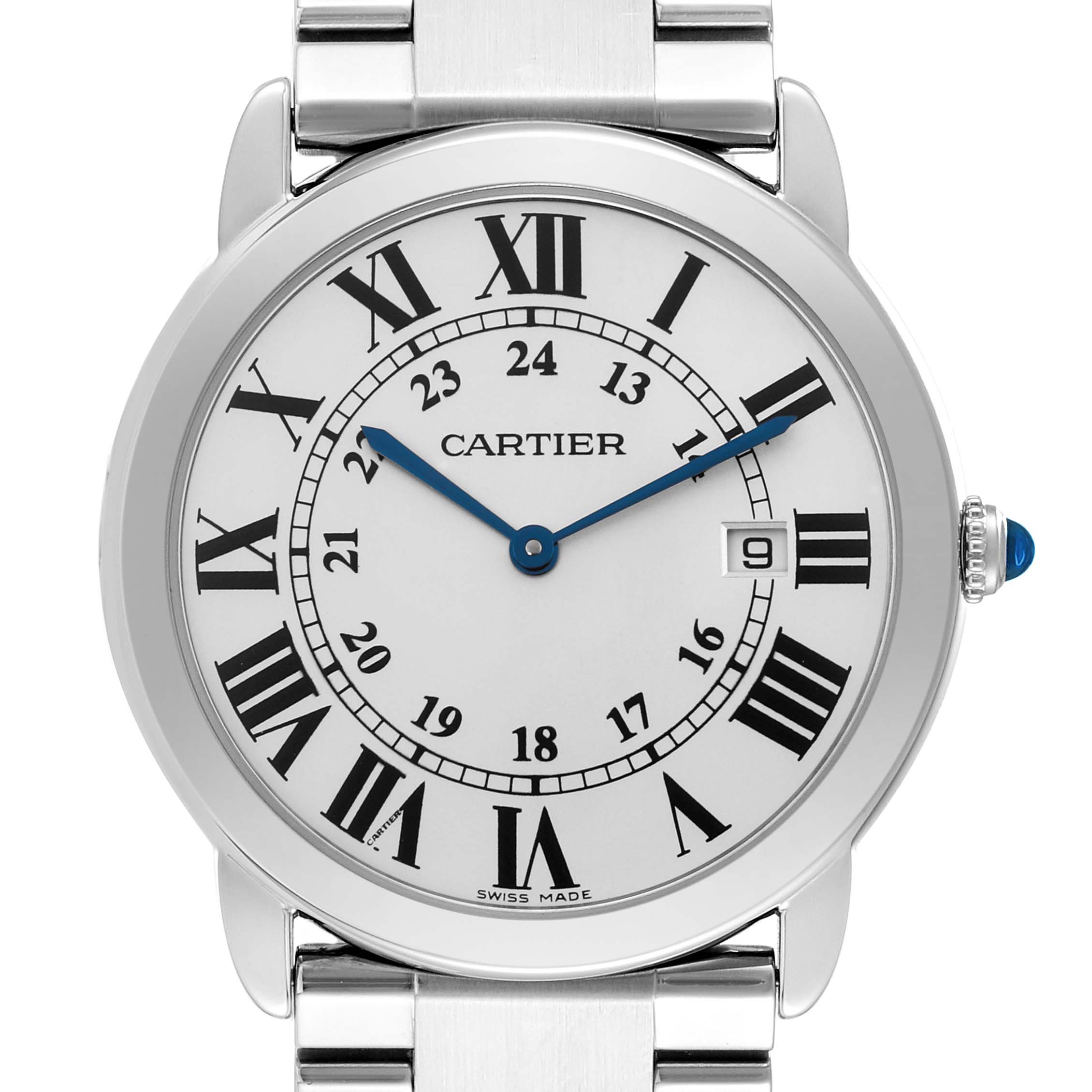 The Cartier Ronde W6701005 Men
s Stainless Steel Silver Dial W6701005 Men
s Stainless Steel Silver Dial watch is shown from the front, displaying the face, bezel, bracelet, and crown.