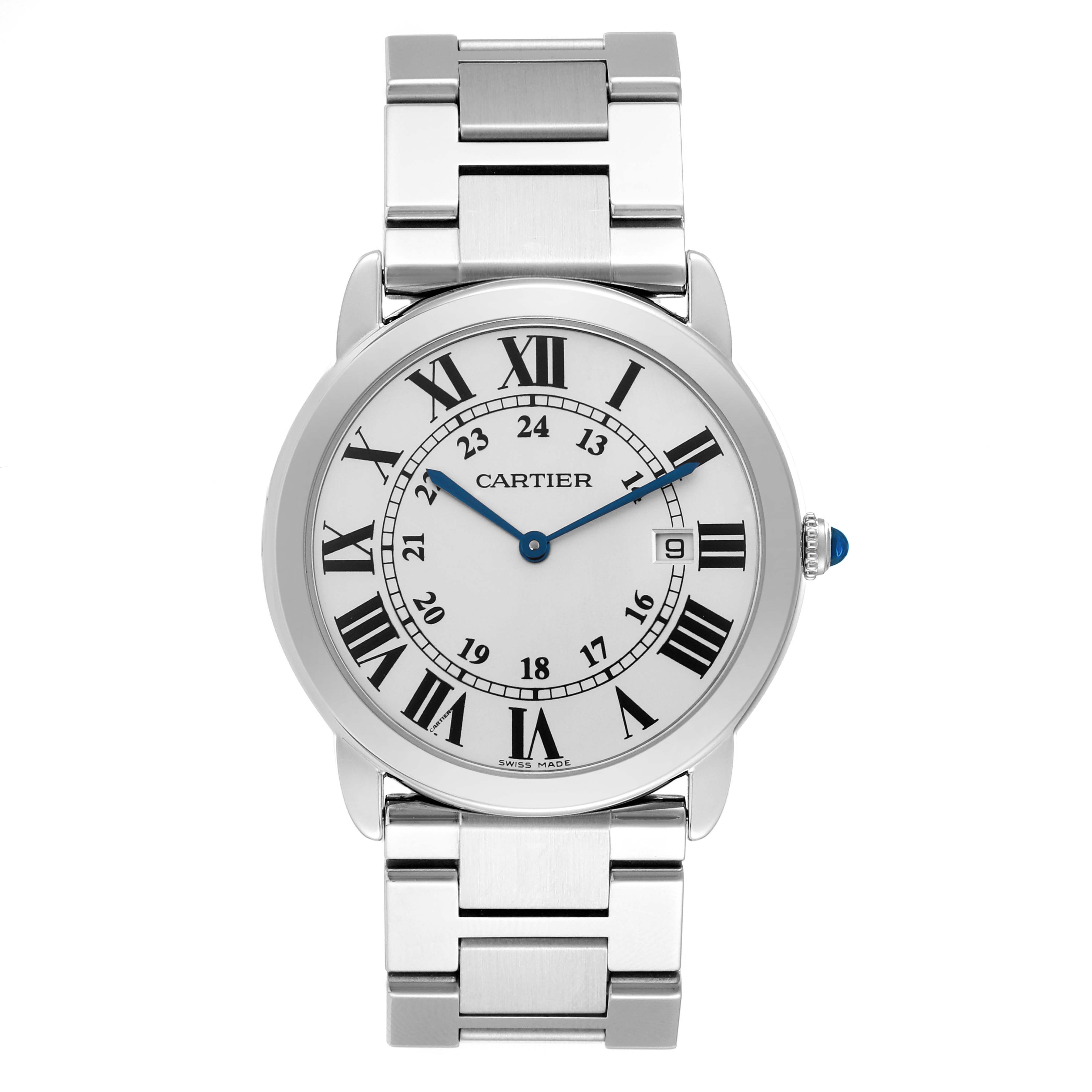 The Cartier Ronde W6701005 Men
s Stainless Steel Silver Dial W6701005 Men
s Stainless Steel Silver Dial watch is shown from a front angle, highlighting its face, bezel, and stainless steel bracelet.