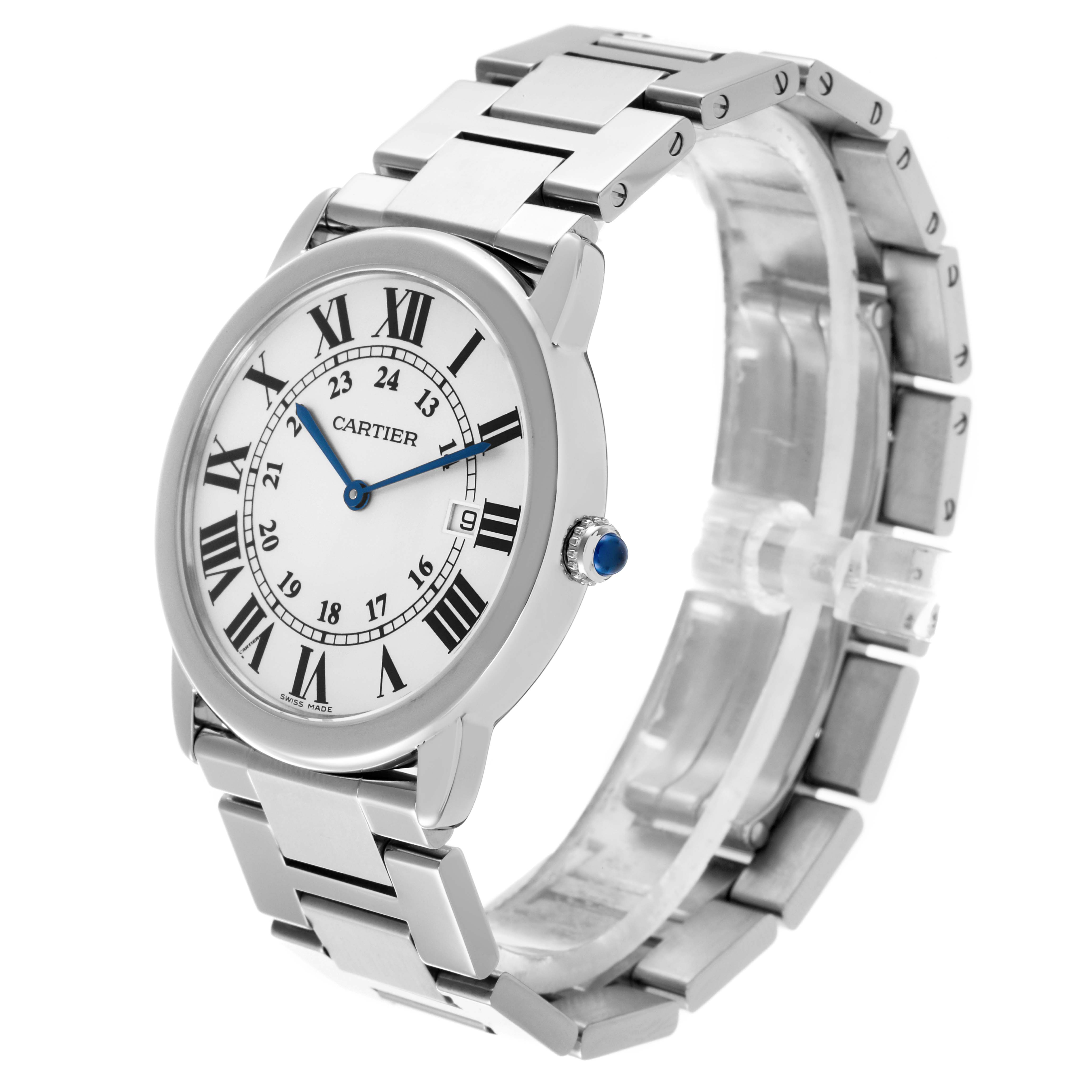 The Cartier Ronde W6701005 Men
s Stainless Steel Silver Dial W6701005 Men
s Stainless Steel Silver Dial watch is shown at a three-quarter angle, displaying the face, crown, and steel bracelet.
