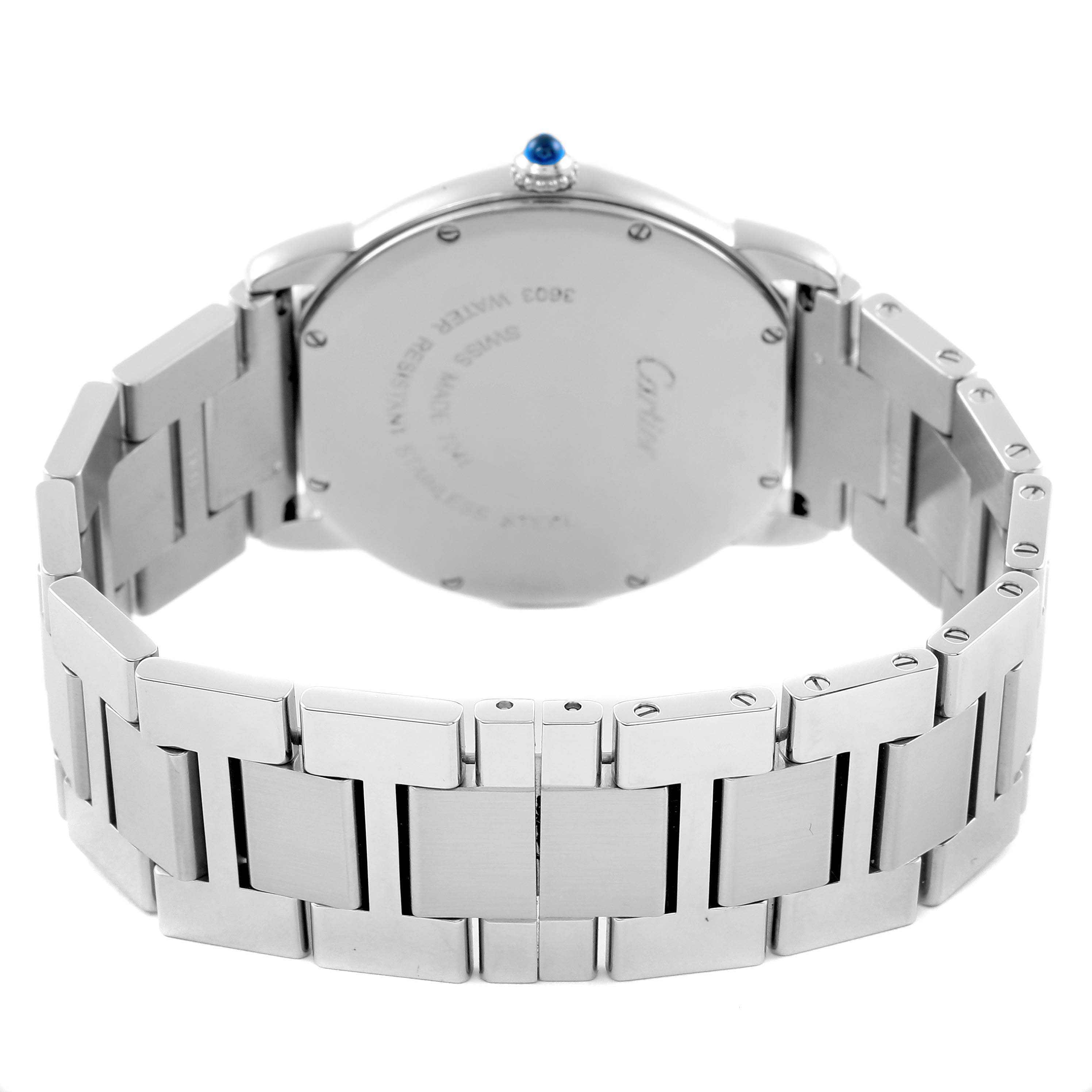 The Cartier Ronde W6701005 Men
s Stainless Steel Silver Dial W6701005 Men
s Stainless Steel Silver Dial watch is shown from the back, highlighting the case back and metal bracelet.