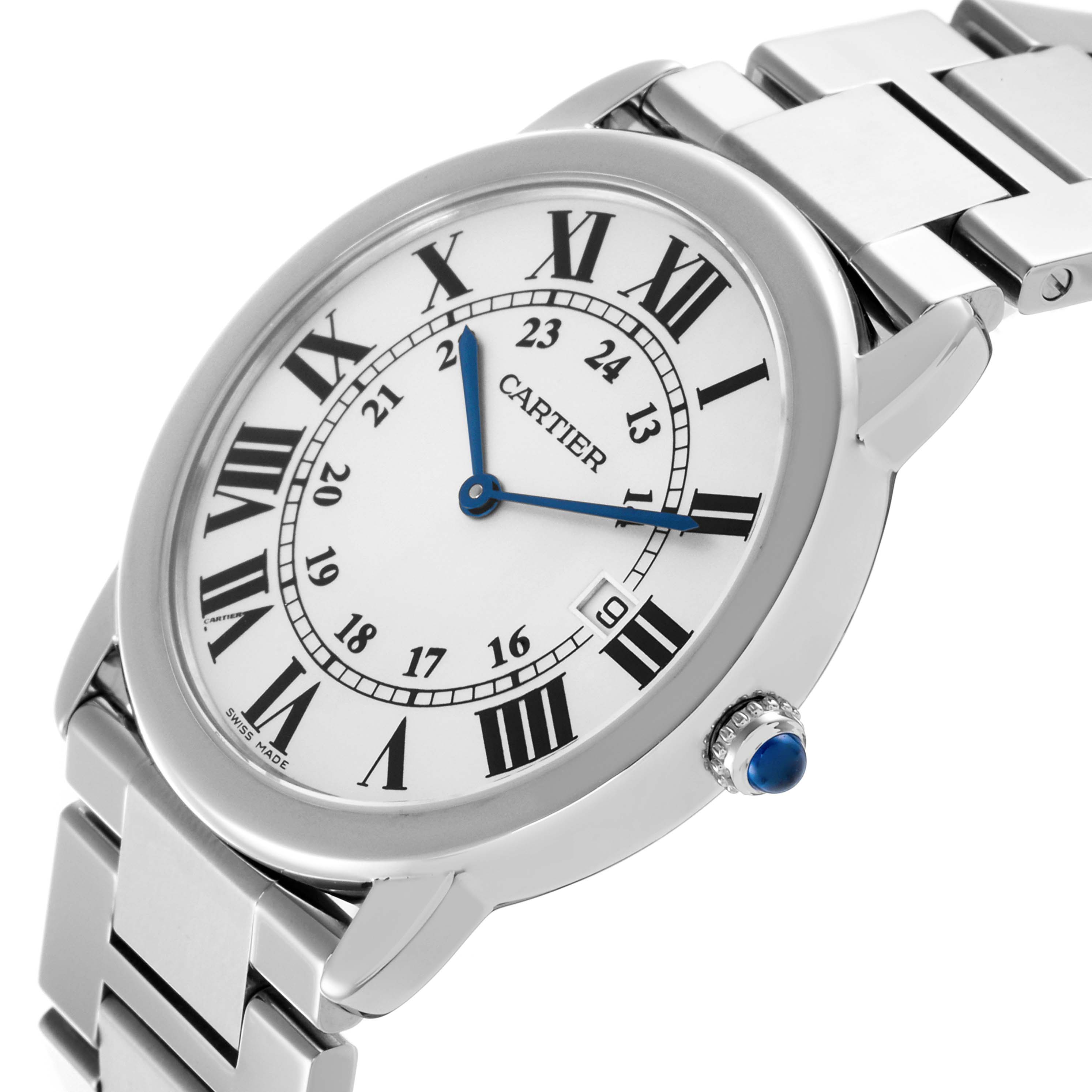 The Cartier Ronde W6701005 Men
s Stainless Steel Silver Dial W6701005 Men
s Stainless Steel Silver Dial watch is shown at an angle highlighting the face, bezel, crown, and part of the metal bracelet.
