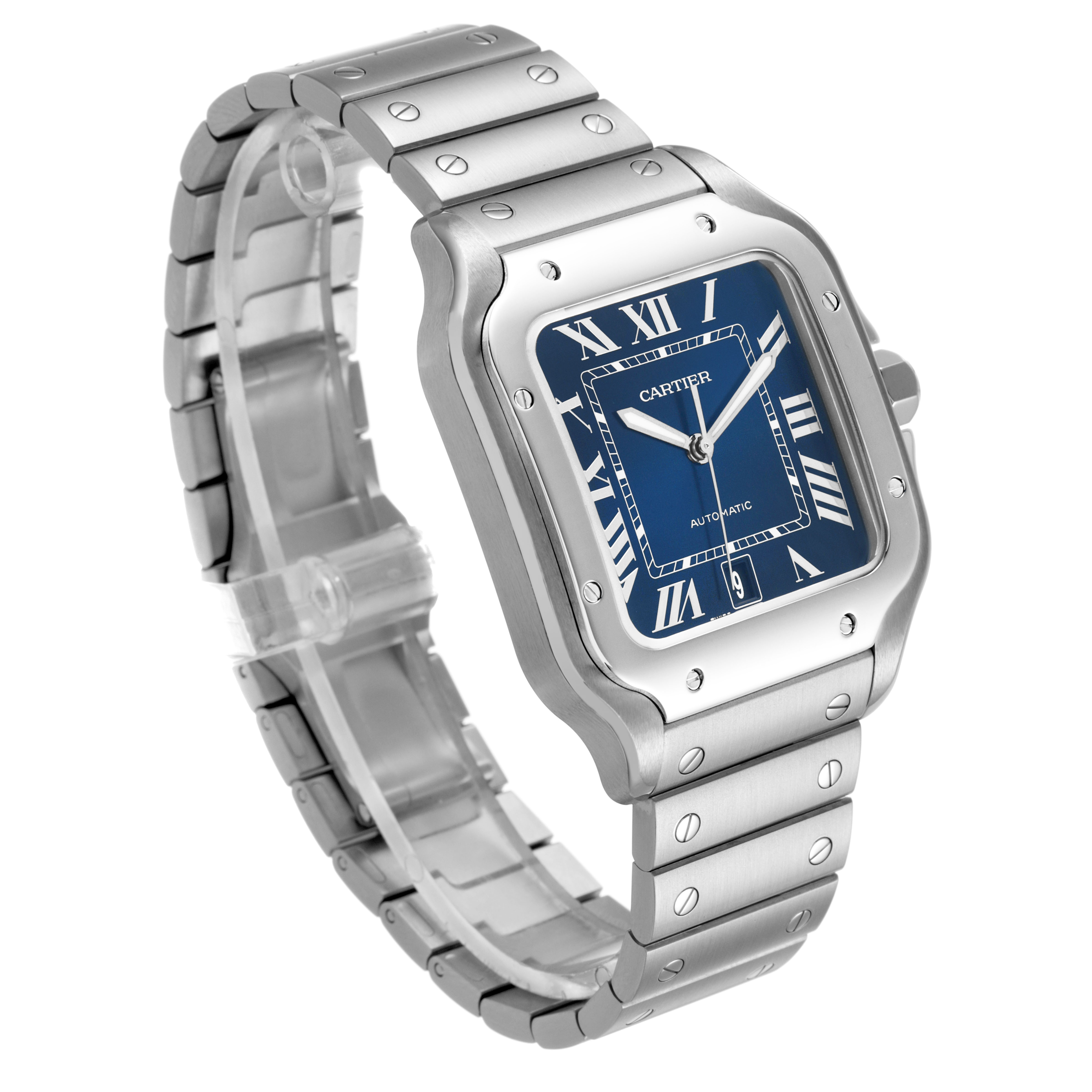 The Cartier Santos WSSA0030 Men's Stainless Steel Black Dial watch is shown at a three-quarter angle, highlighting the face, bezel, crown, and metal bracelet.