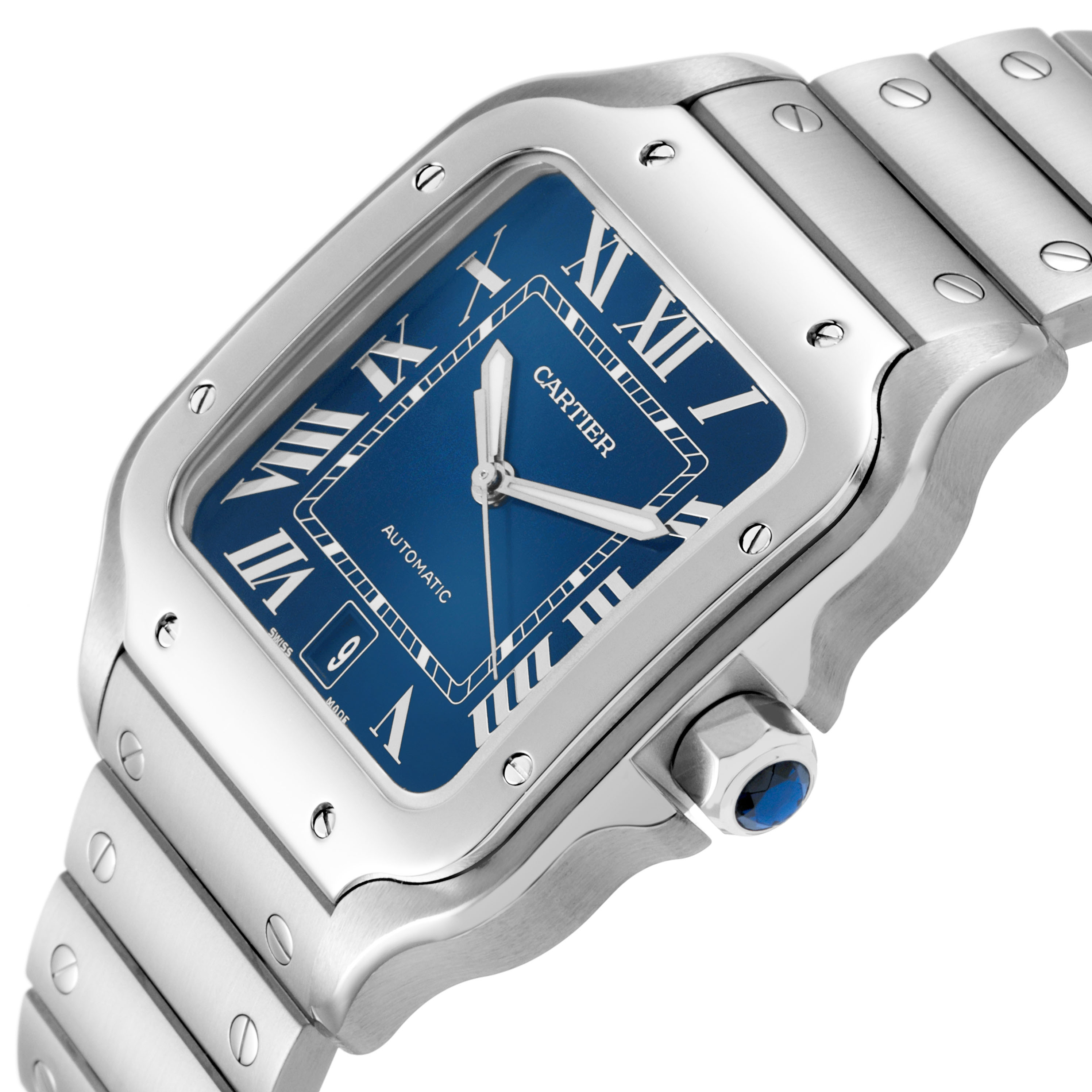 The Cartier Santos WSSA0030 Men's Stainless Steel Black Dial watch is shown at an angled view, highlighting the face, bezel, crown, and part of the bracelet.