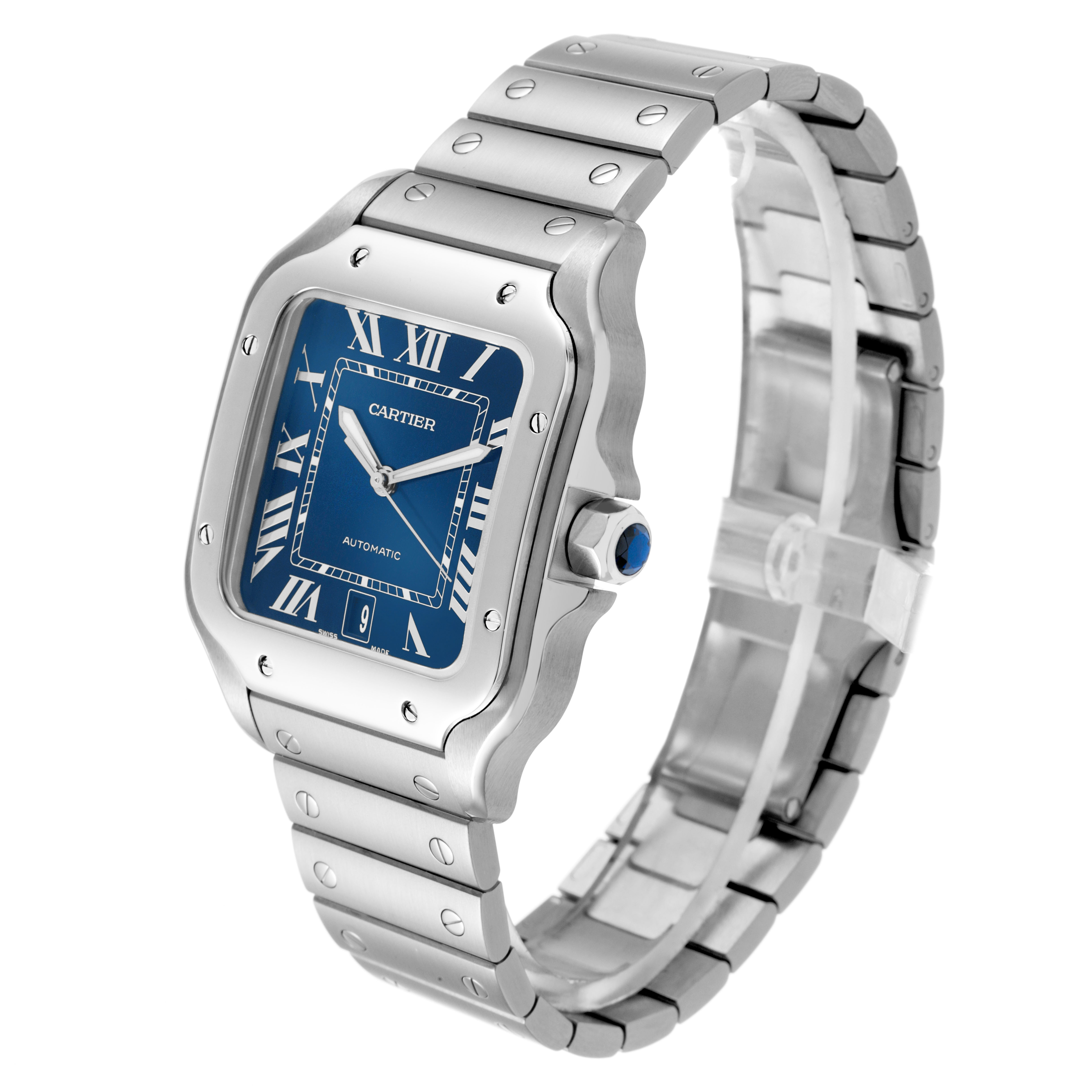 The Cartier Santos WSSA0030 Men's Stainless Steel Black Dial watch is shown at a three-quarter angle, highlighting the blue dial, bezel, and bracelet.