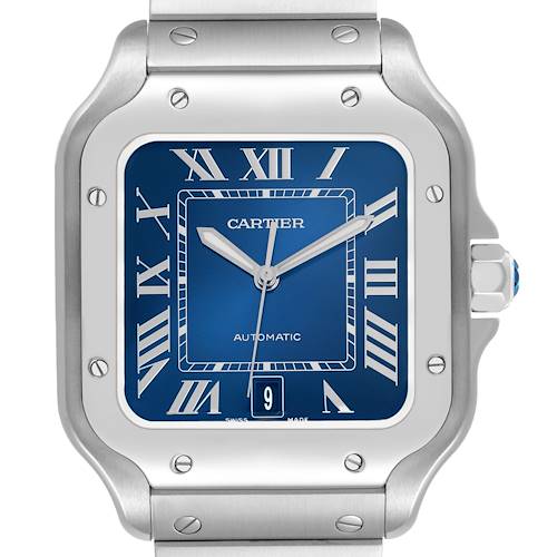 The Cartier Santos WSSA0030 Men's Stainless Steel Black Dial watch is shown from the front, highlighting the blue dial, Roman numerals, and metal case.