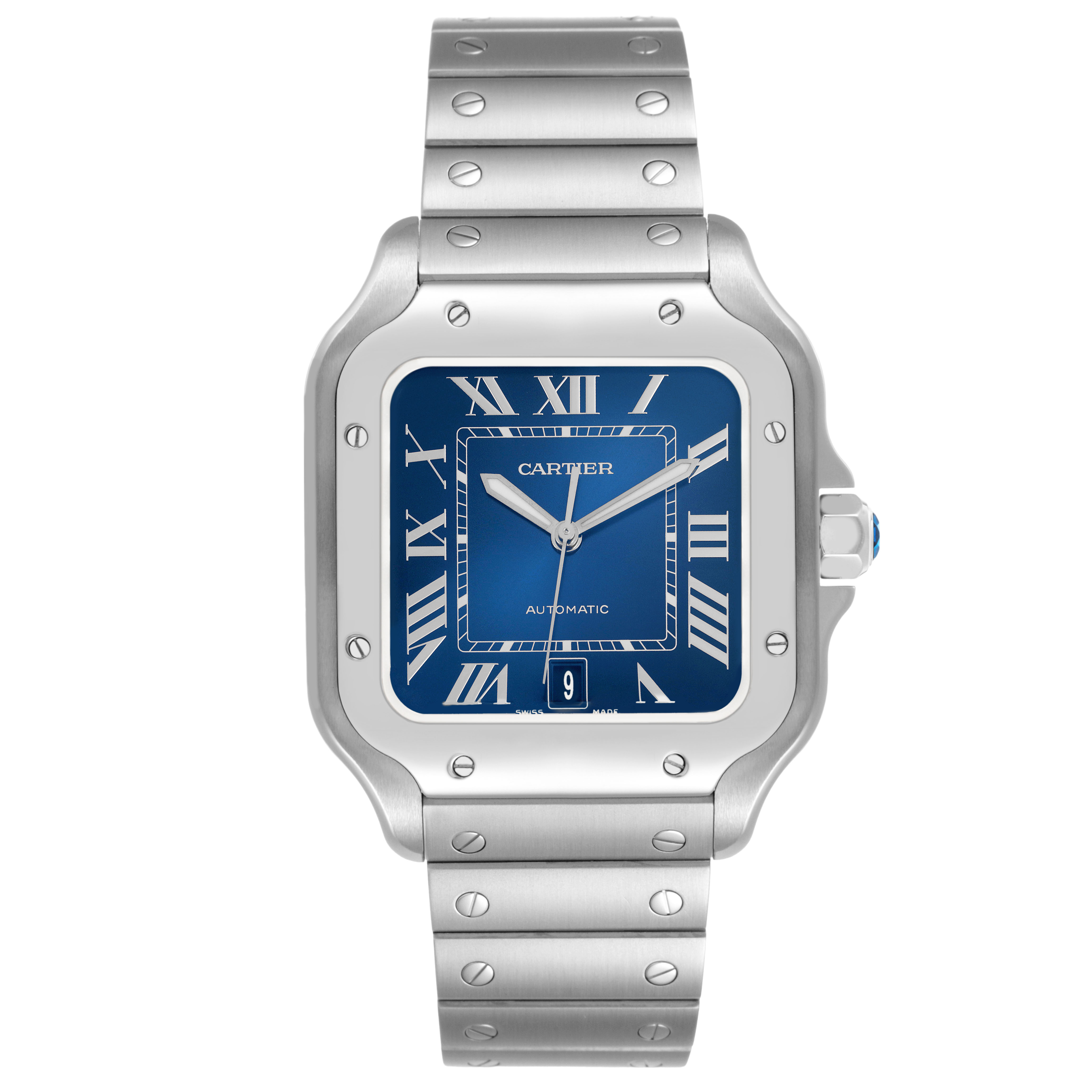 The Cartier Santos WSSA0030 Men's Stainless Steel Black Dial watch is shown from the front, displaying the face, bezel, and bracelet clearly.