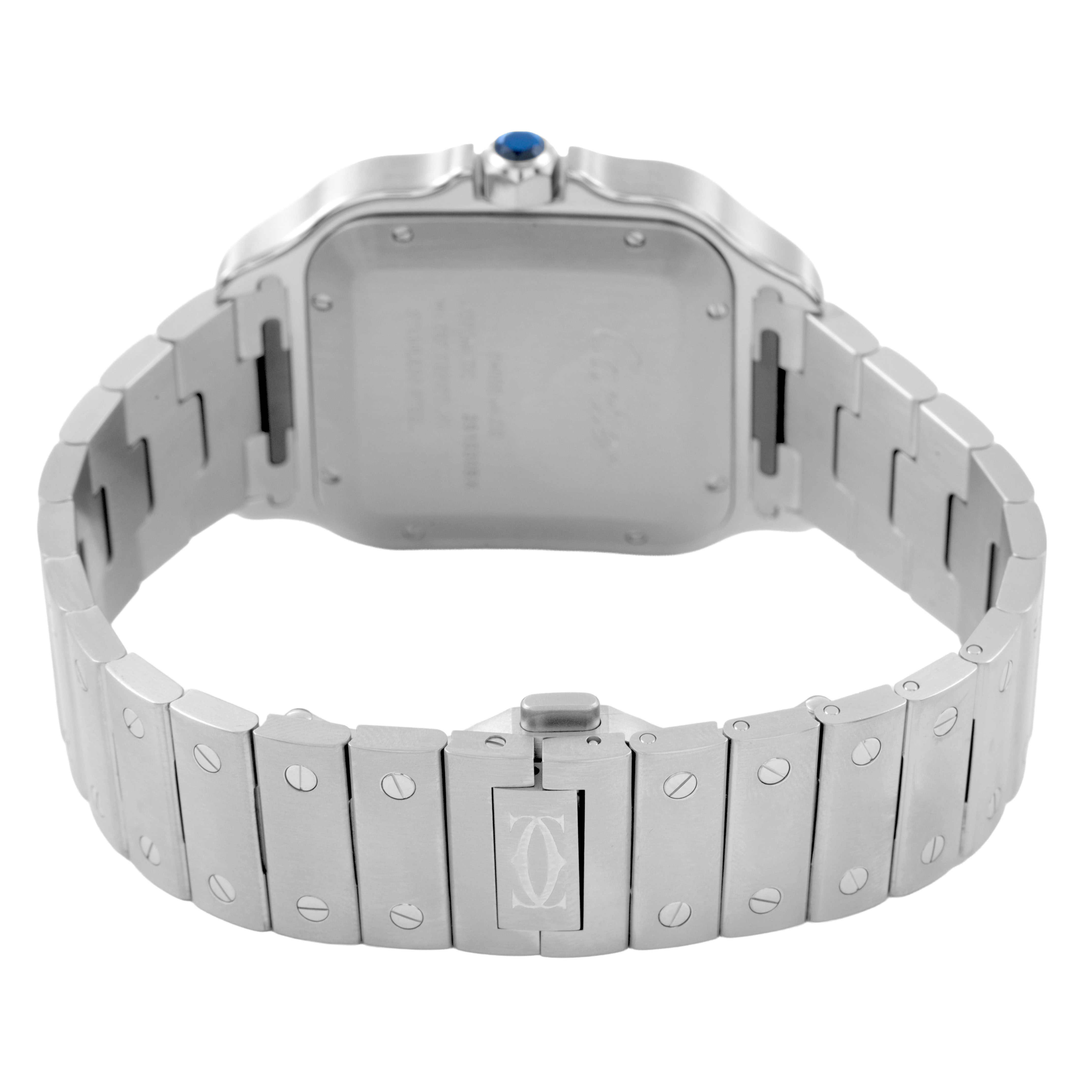 This image shows the back view of a Cartier Santos WSSA0030 Men's Stainless Steel Black Dial watch, highlighting its bracelet and clasp.