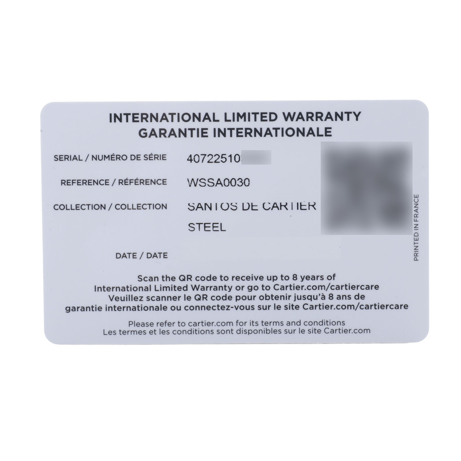The image shows an International Limited Warranty card for the Santos de Cartier watch.
