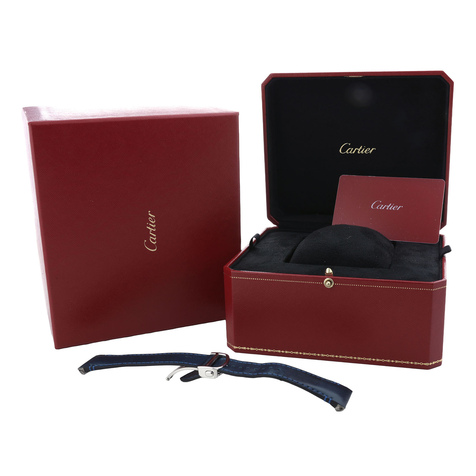 The image shows a Cartier Santos WSSA0030 Men's Stainless Steel Black Dial watch box set, including a red box, a watch strap, and a Cartier card from a side angle.