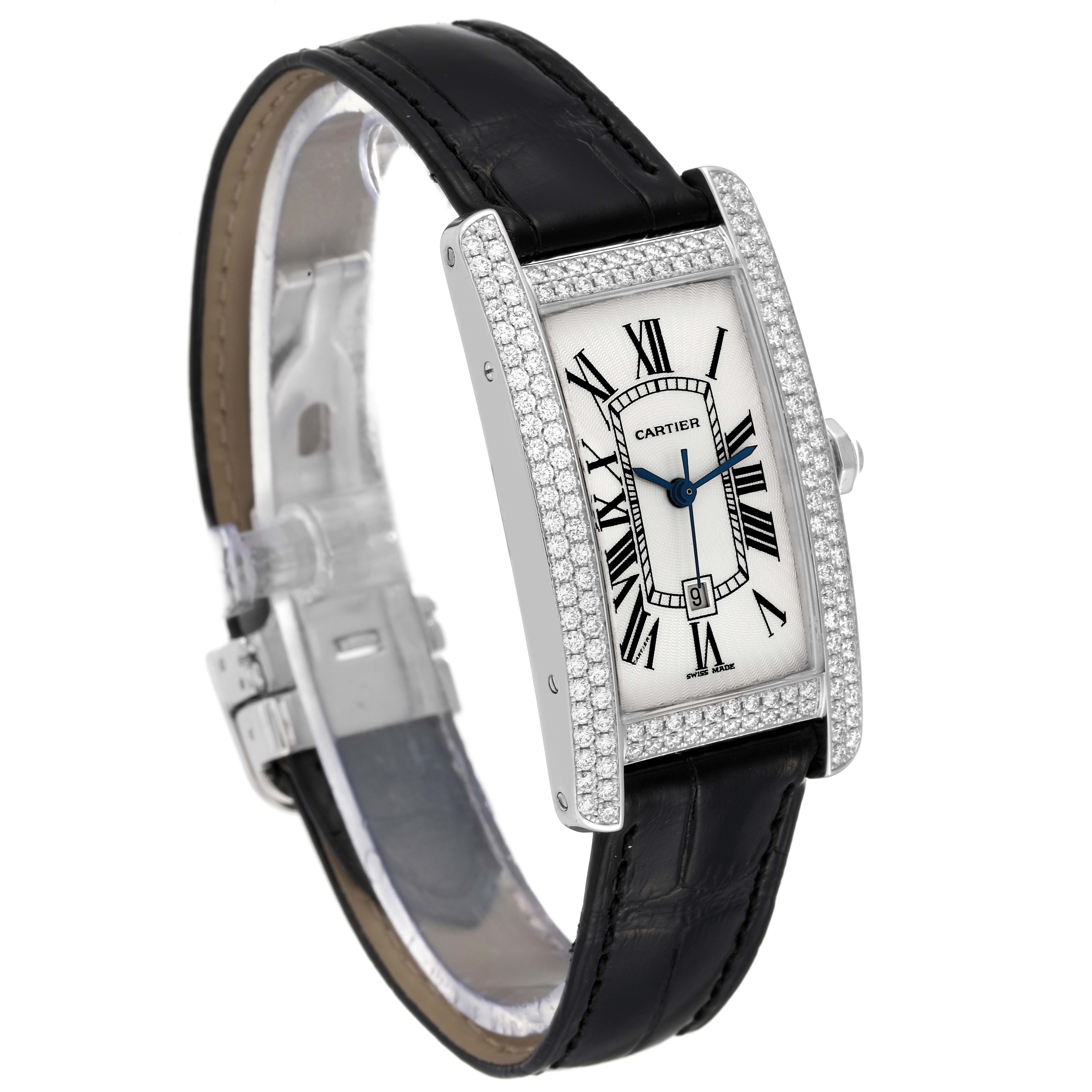 The Cartier Tank Americaine 2490 Women's White Gold Silver Dial 2490 Women's White Gold Silver Dial watch is shown at a slight angle displaying the face, strap, crown, and case.