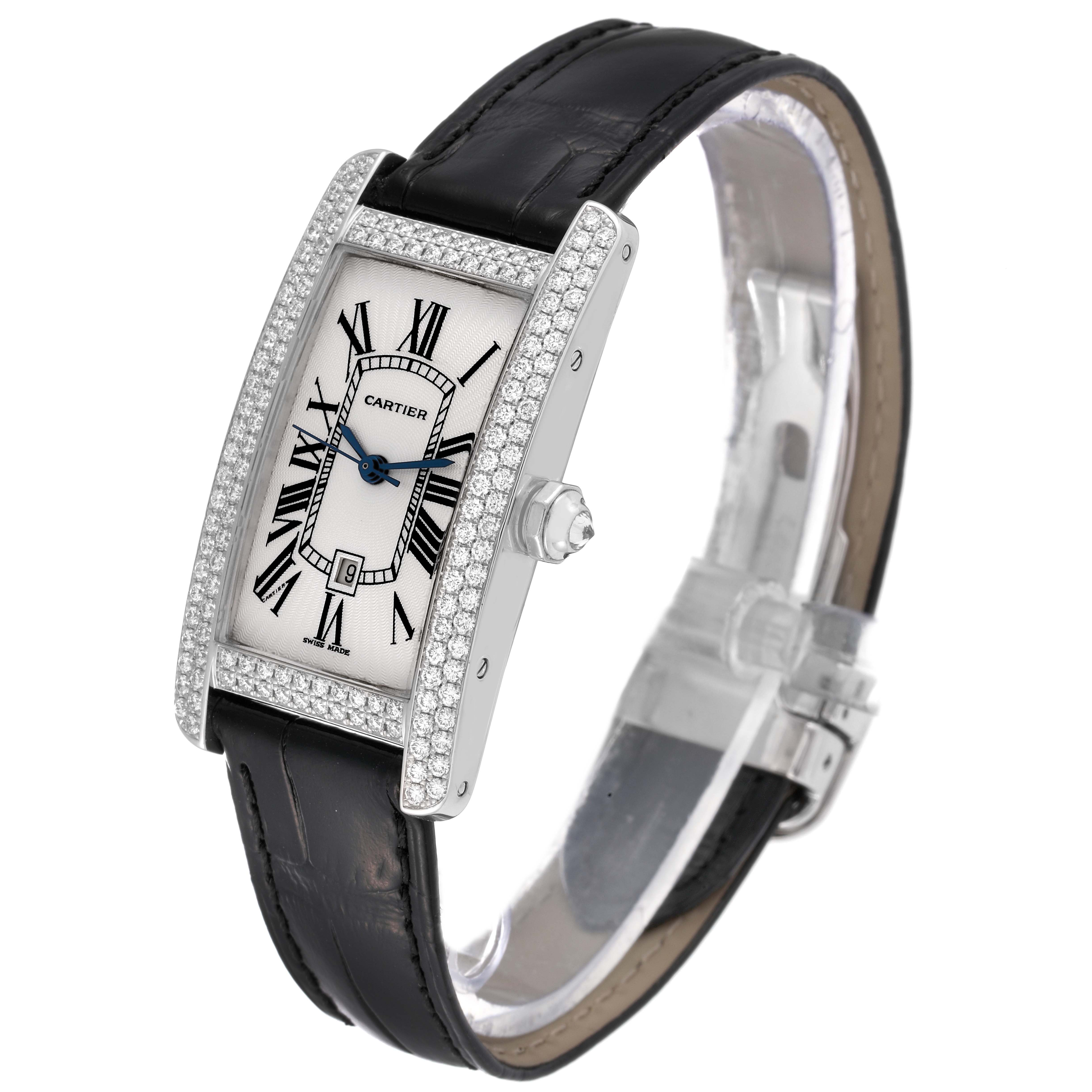 The image shows a Cartier Tank Americaine 2490 Women's White Gold Silver Dial 2490 Women's White Gold Silver Dial watch from an angled side perspective, highlighting its diamond-encrusted case and black leather strap.