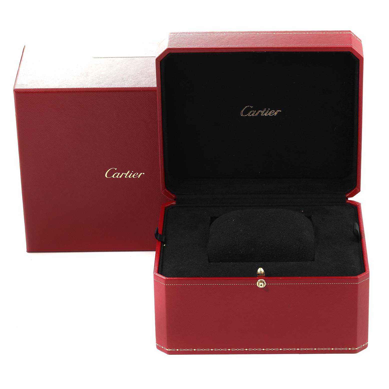 The image shows an open red Cartier box for the Tank Americaine model watch, with visible Cartier branding inside and outside.