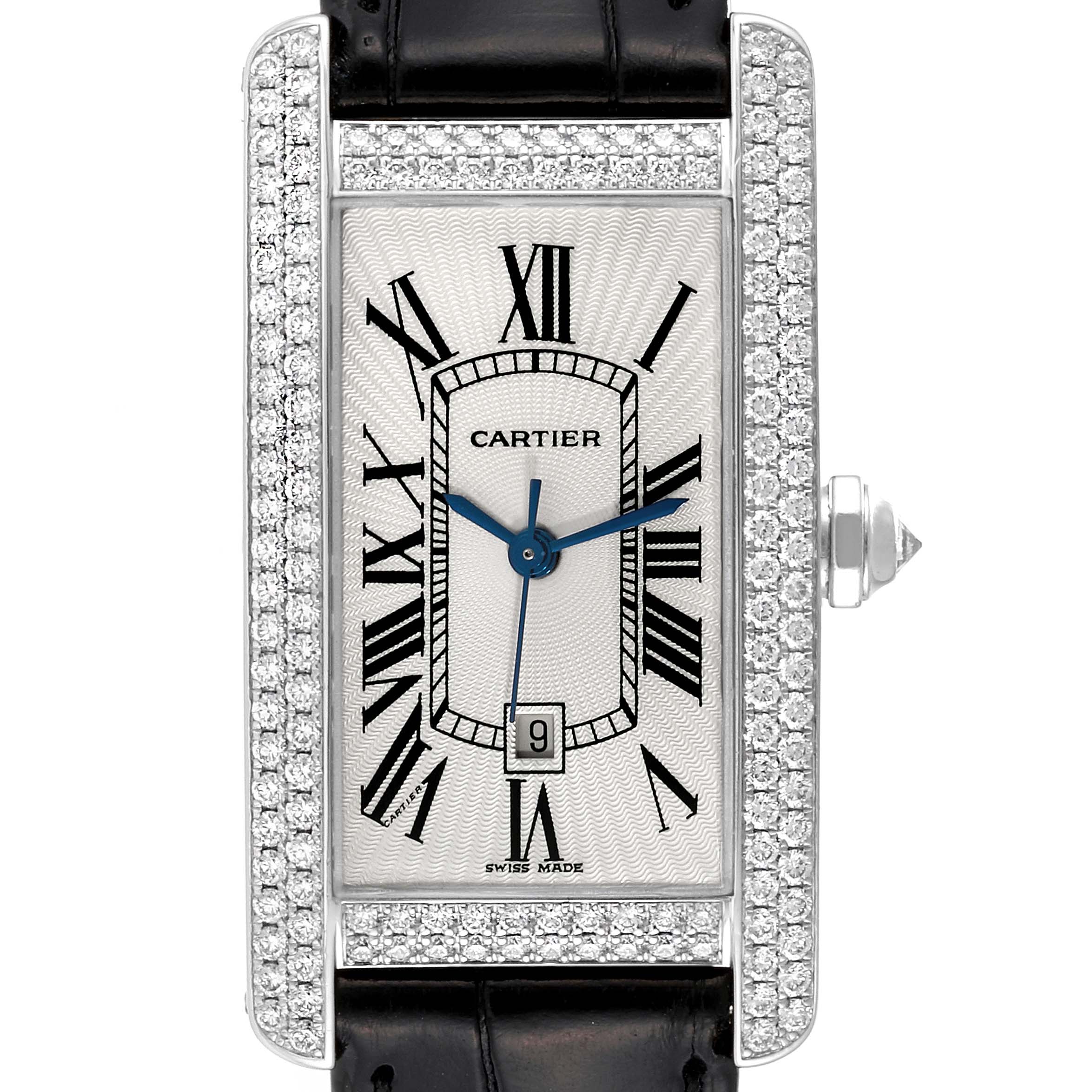 The image shows a Cartier Tank Americaine 2490 Women's White Gold Silver Dial 2490 Women's White Gold Silver Dial watch, viewed from the top, showcasing its face, bejeweled bezel, and part of the strap.