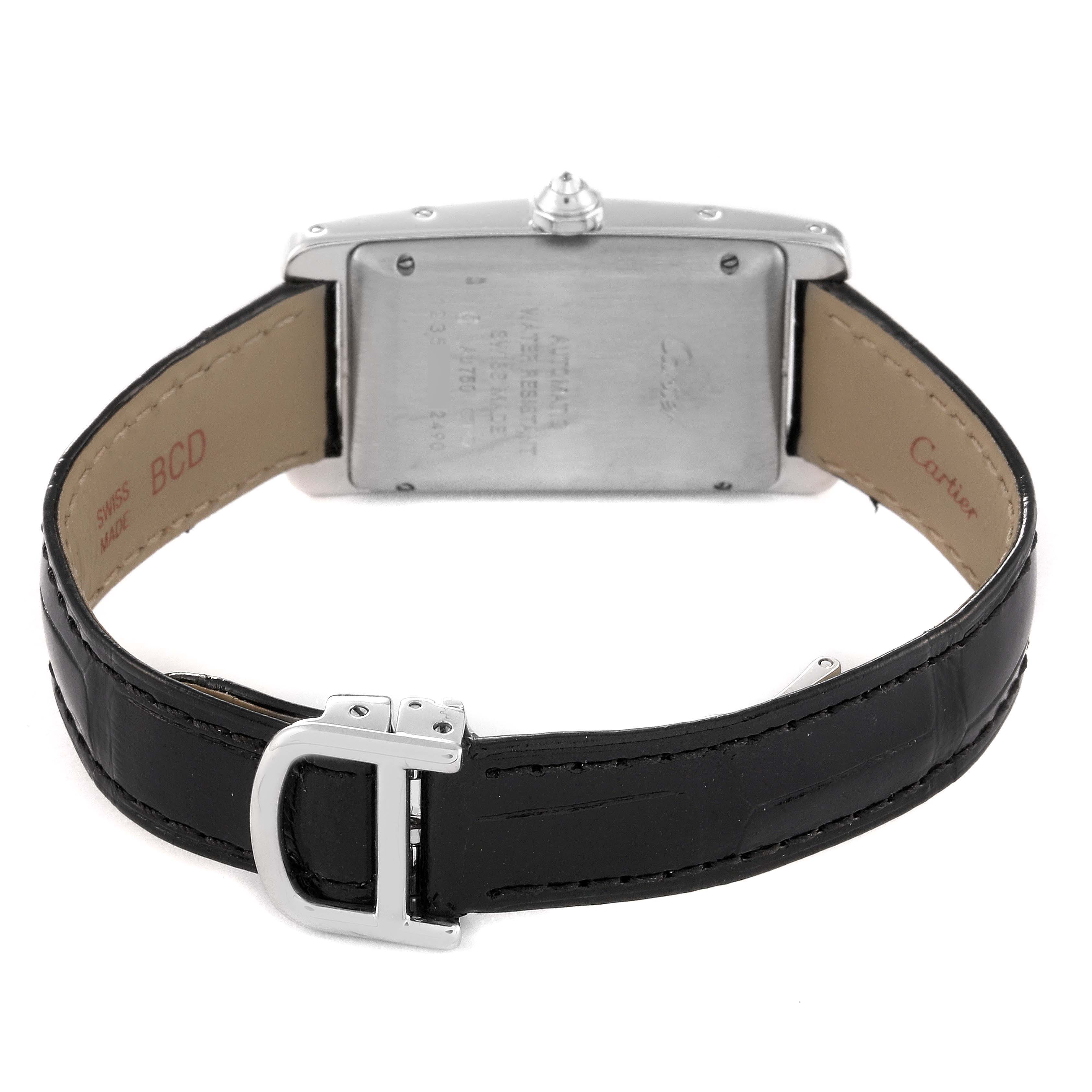 The image shows the back of a Cartier Tank Americaine 2490 Women's White Gold Silver Dial 2490 Women's White Gold Silver Dial watch and its black leather strap with a buckle.
