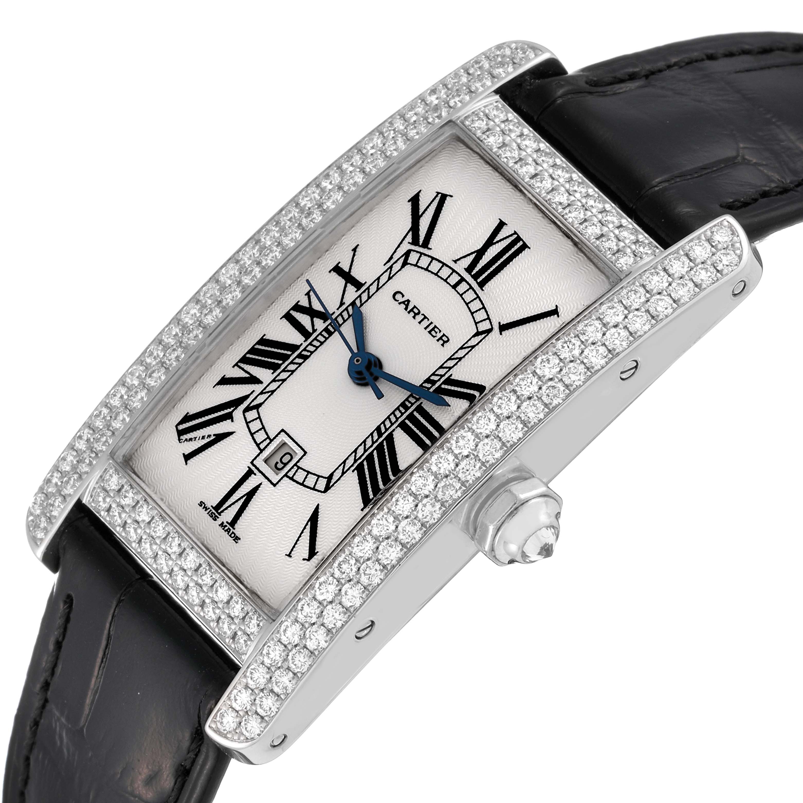 This image shows a close-up, side angle of a Cartier Tank Americaine 2490 Women's White Gold Silver Dial 2490 Women's White Gold Silver Dial watch, highlighting the face, strap, and diamond-studded bezel.
