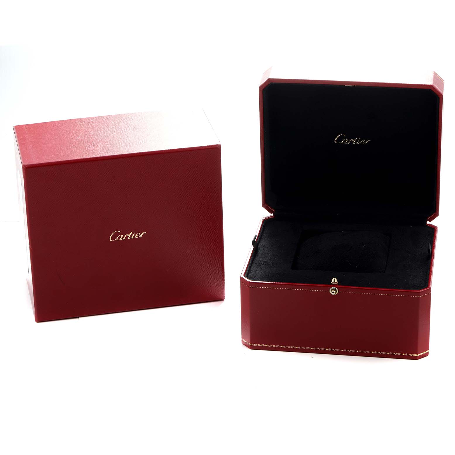 The image shows the Cartier Tank Française watch box and packaging, with the box open and closed, revealing a velvet interior.