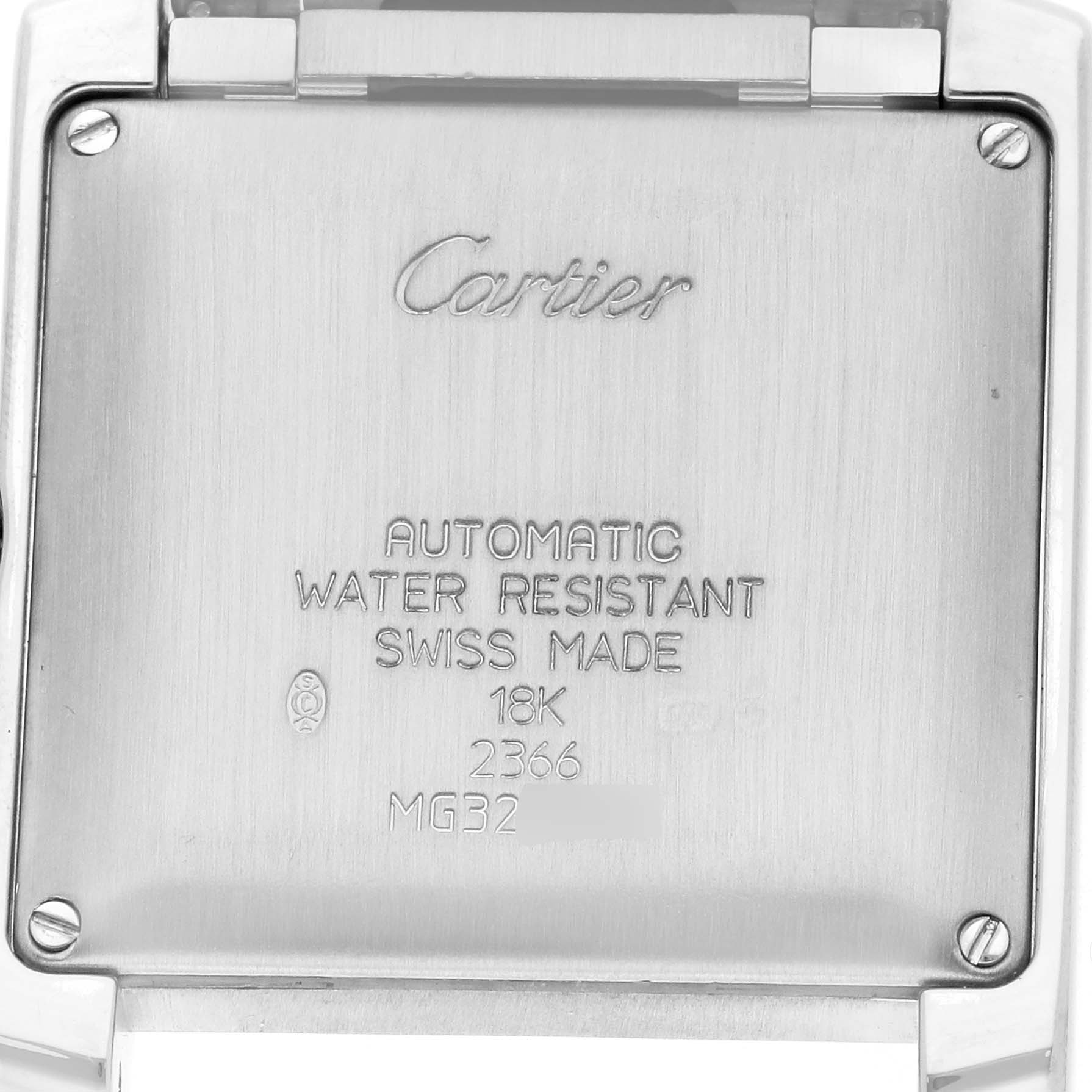The image shows the back case of the Cartier Tank Française watch, highlighting branding and specifications like water resistance and material.