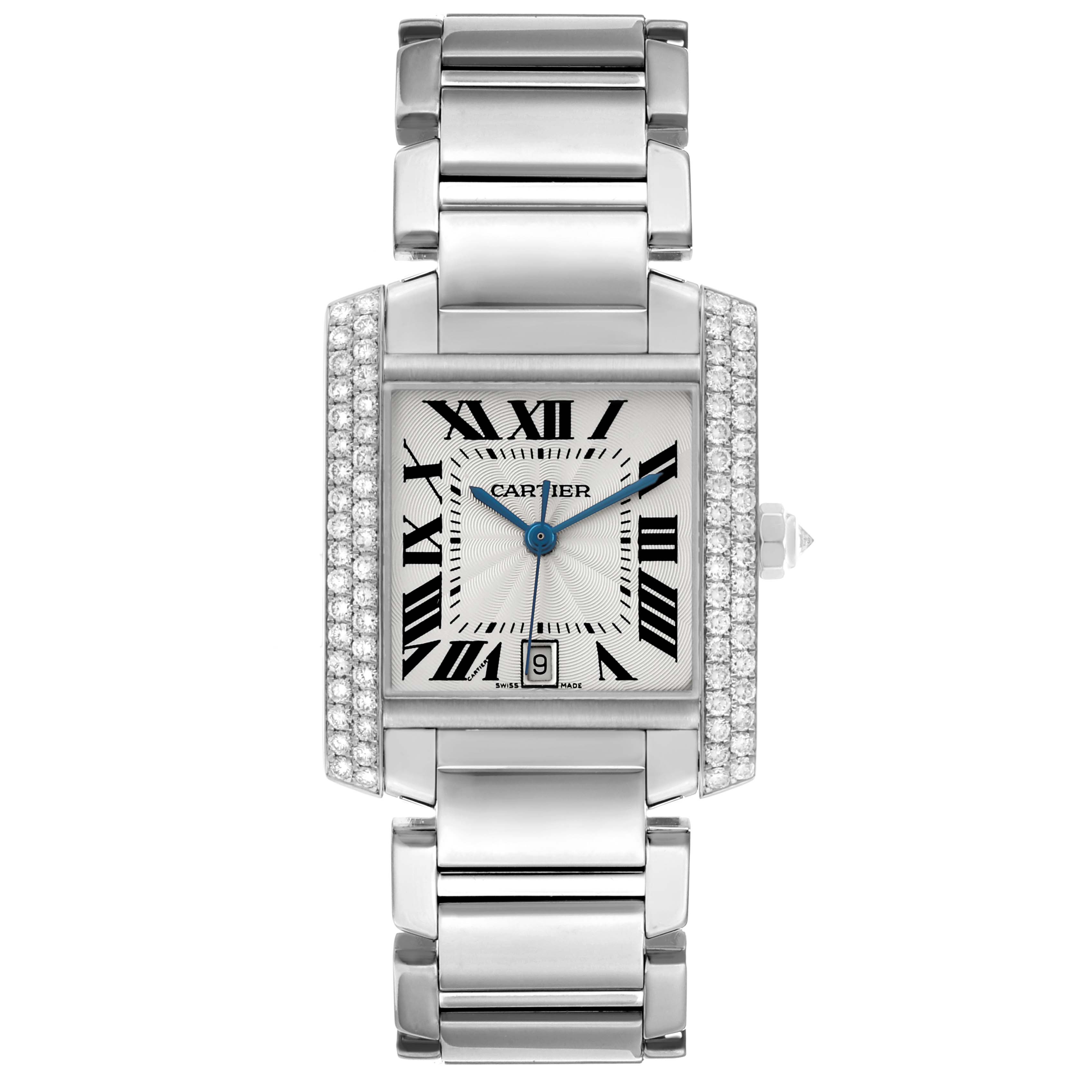 The Cartier Tank Française is shown from a top-down angle, displaying its face, bracelet, and jeweled case.