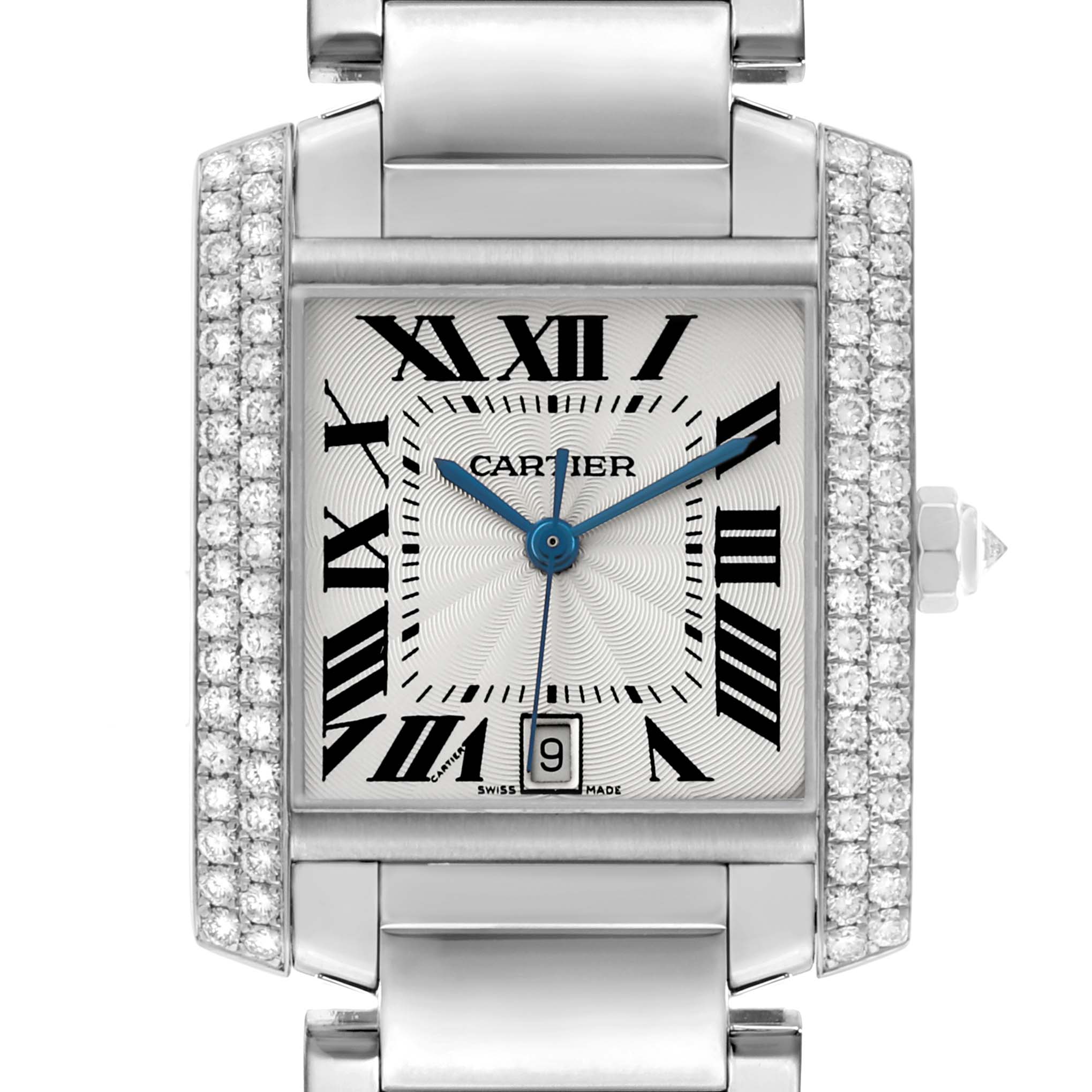 This image shows a frontal view of the Cartier Tank Francaise WE1003S3 Men
s White Gold Silver Dial watch, highlighting its dial, Roman numerals, bracelet, and diamond accents.