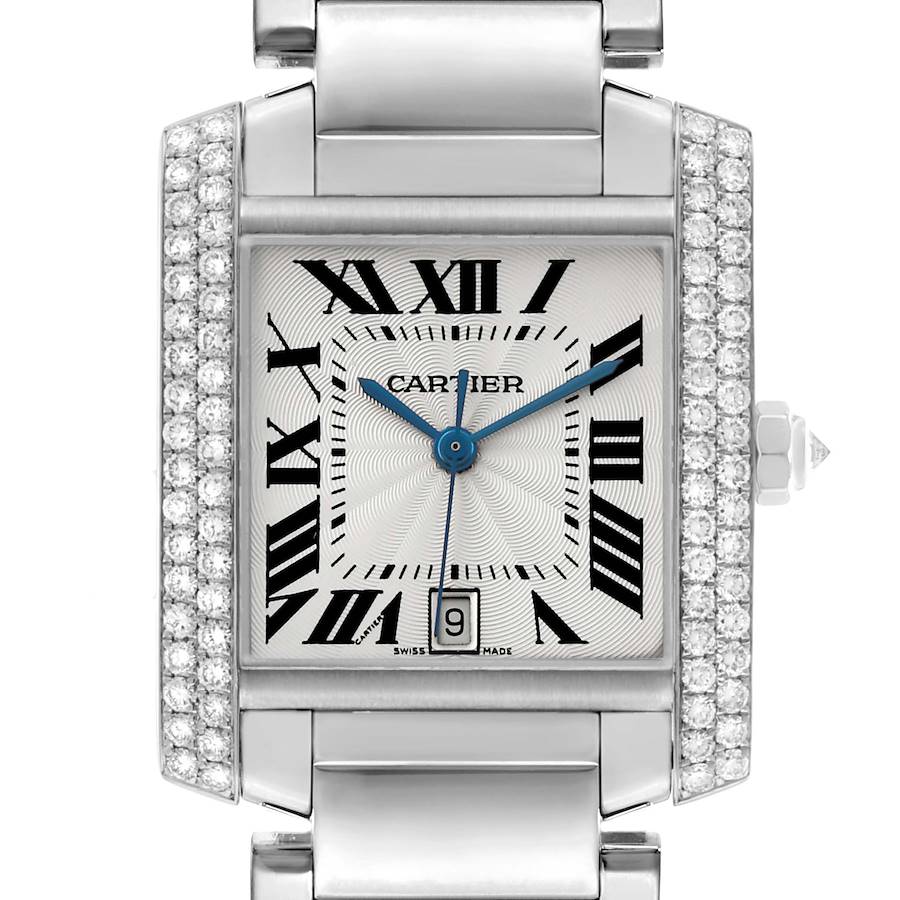 This image shows a frontal view of the Cartier Tank Francaise WE1003S3 Men's White Gold Silver Dial watch, highlighting its dial, Roman numerals, bracelet, and diamond accents.