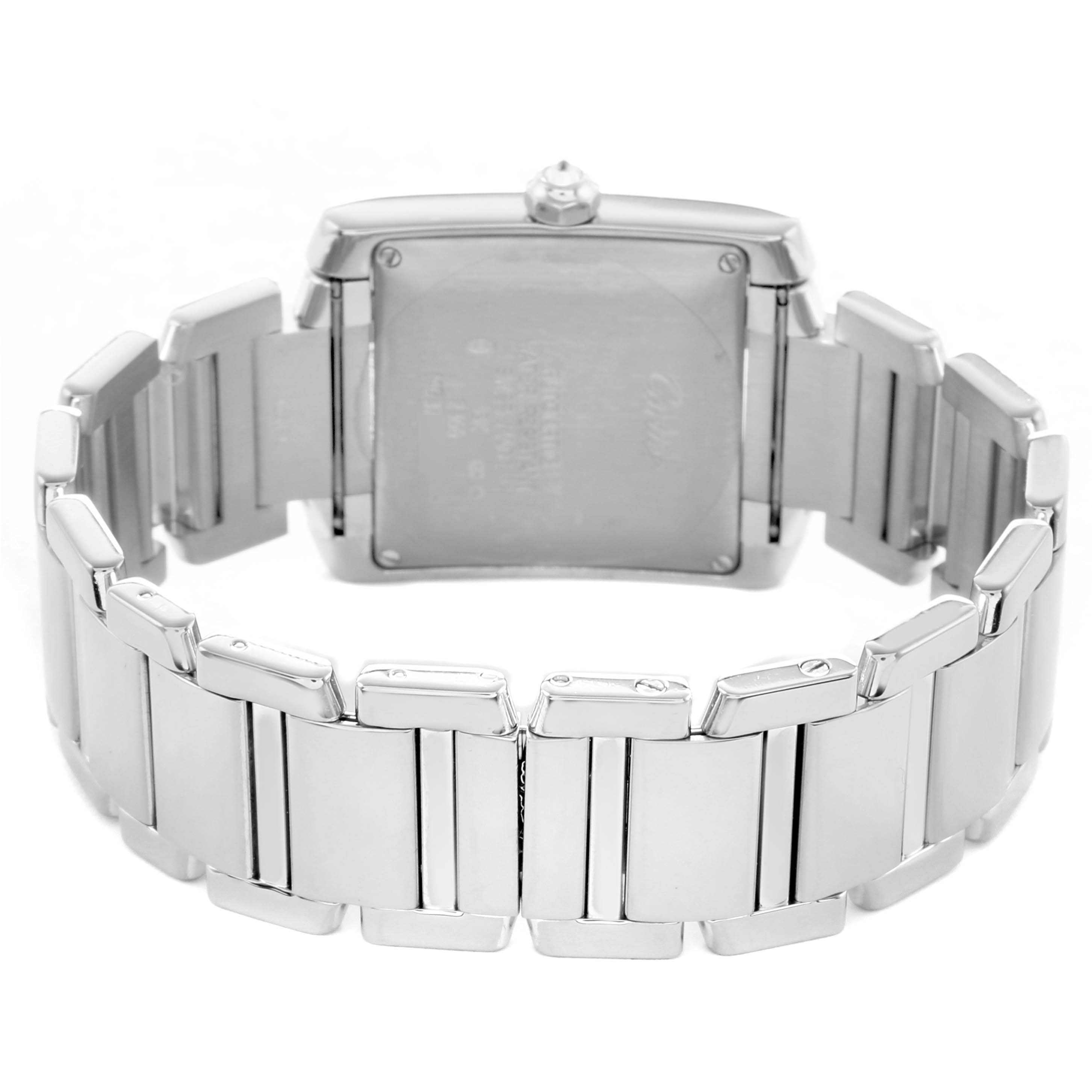 The image shows the back and bracelet of a Cartier Tank Francaise WE1003S3 Men
s White Gold Silver Dial watch from a rear angle.