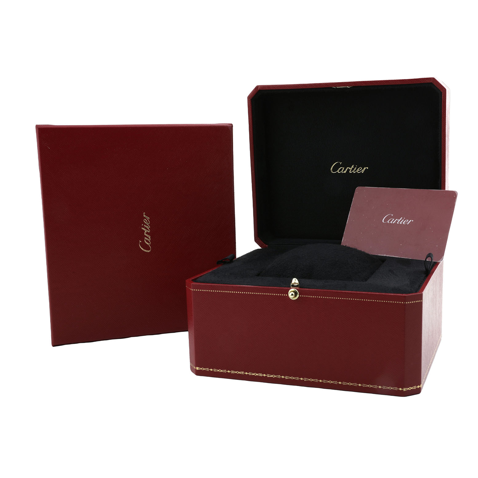 The image shows an open red Cartier box for the Tank Française model, with a card and outer protective box.