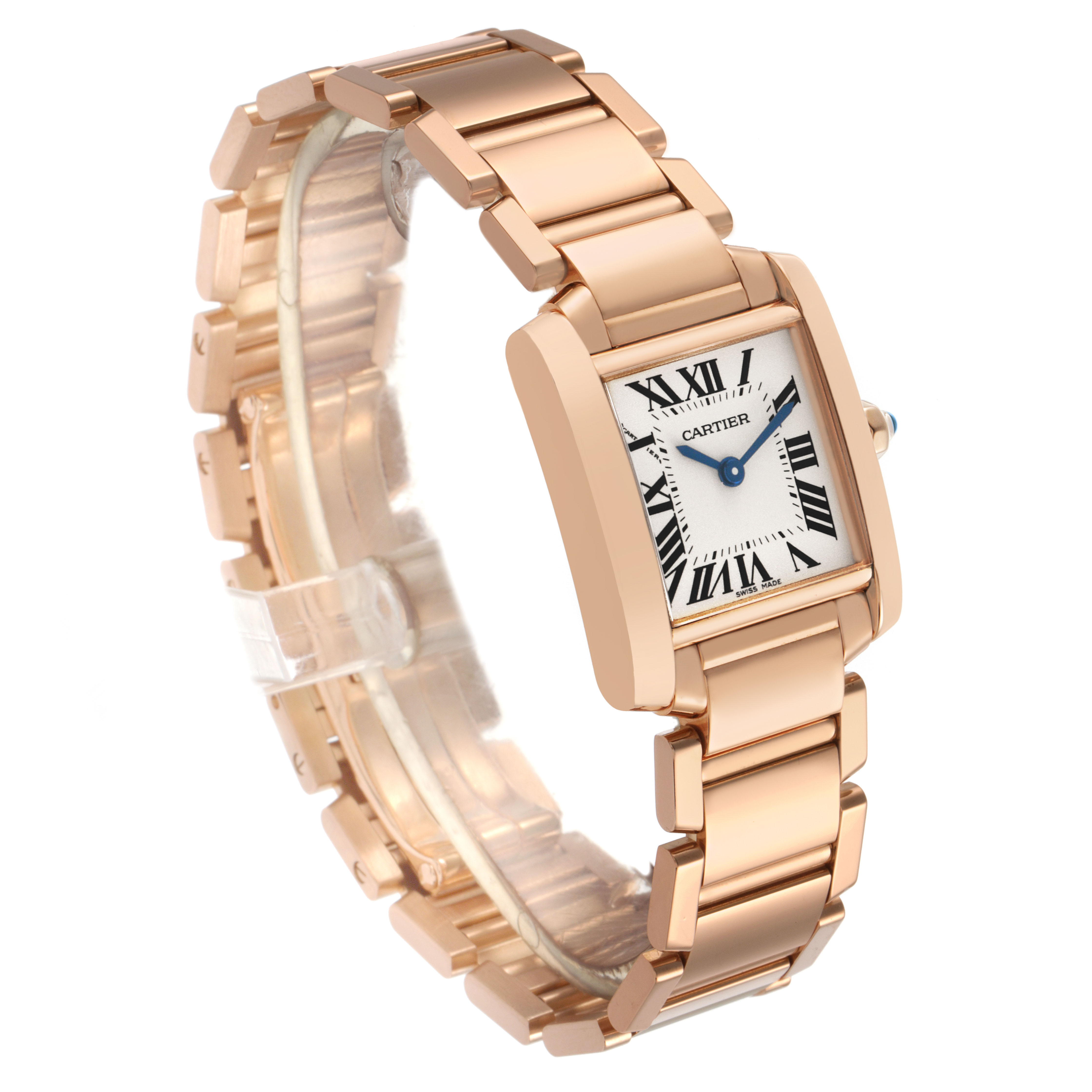 The Cartier Tank Française is shown at an angle that highlights its metal bracelet and square face with Roman numeral markers.