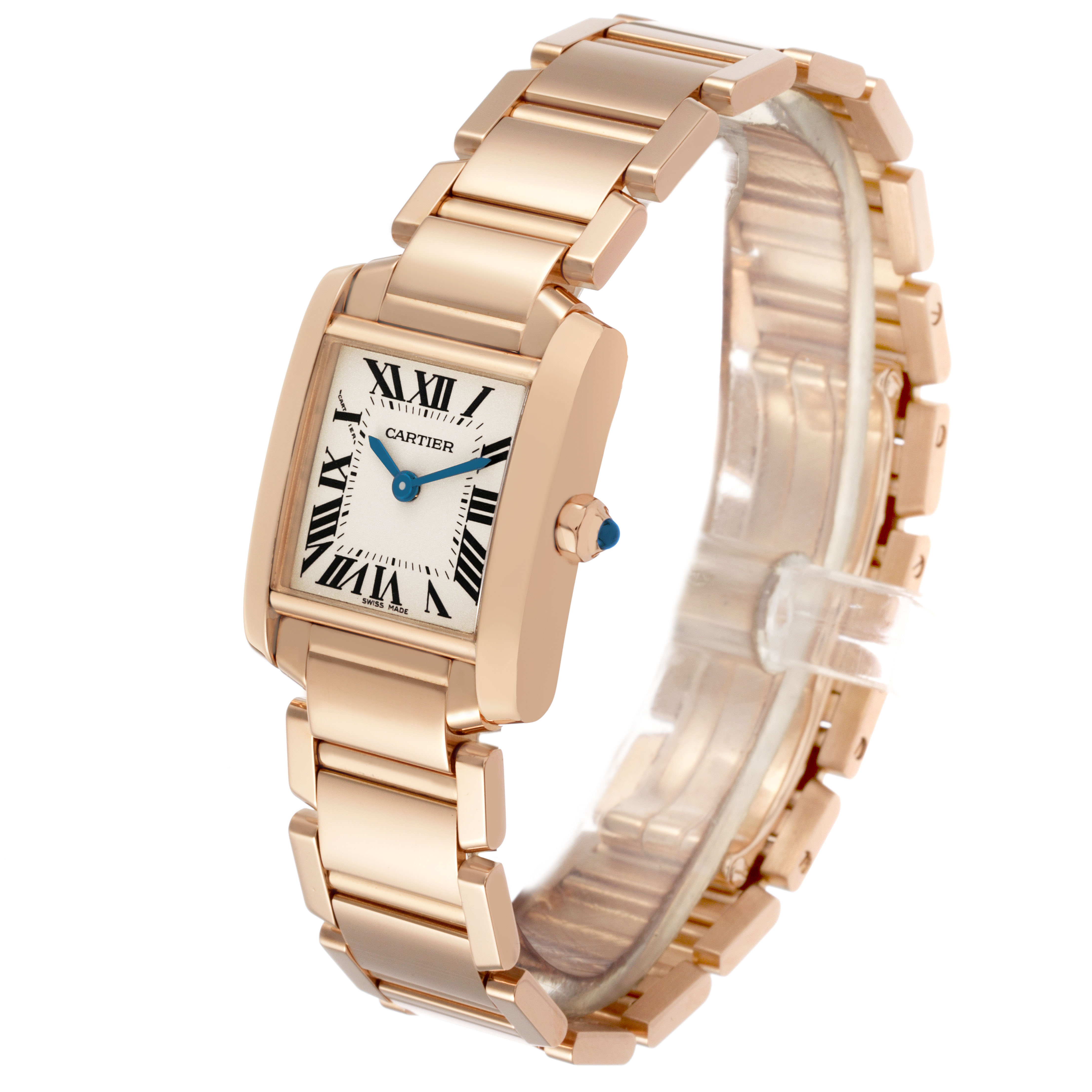 The image shows a Cartier Tank Française watch at an angle, displaying the face, bracelet, and blue crown.