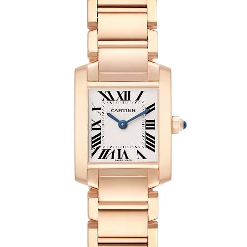 The Cartier Tank Française is shown from the front, highlighting its rectangular case, Roman numeral dial, bracelet, and crown.