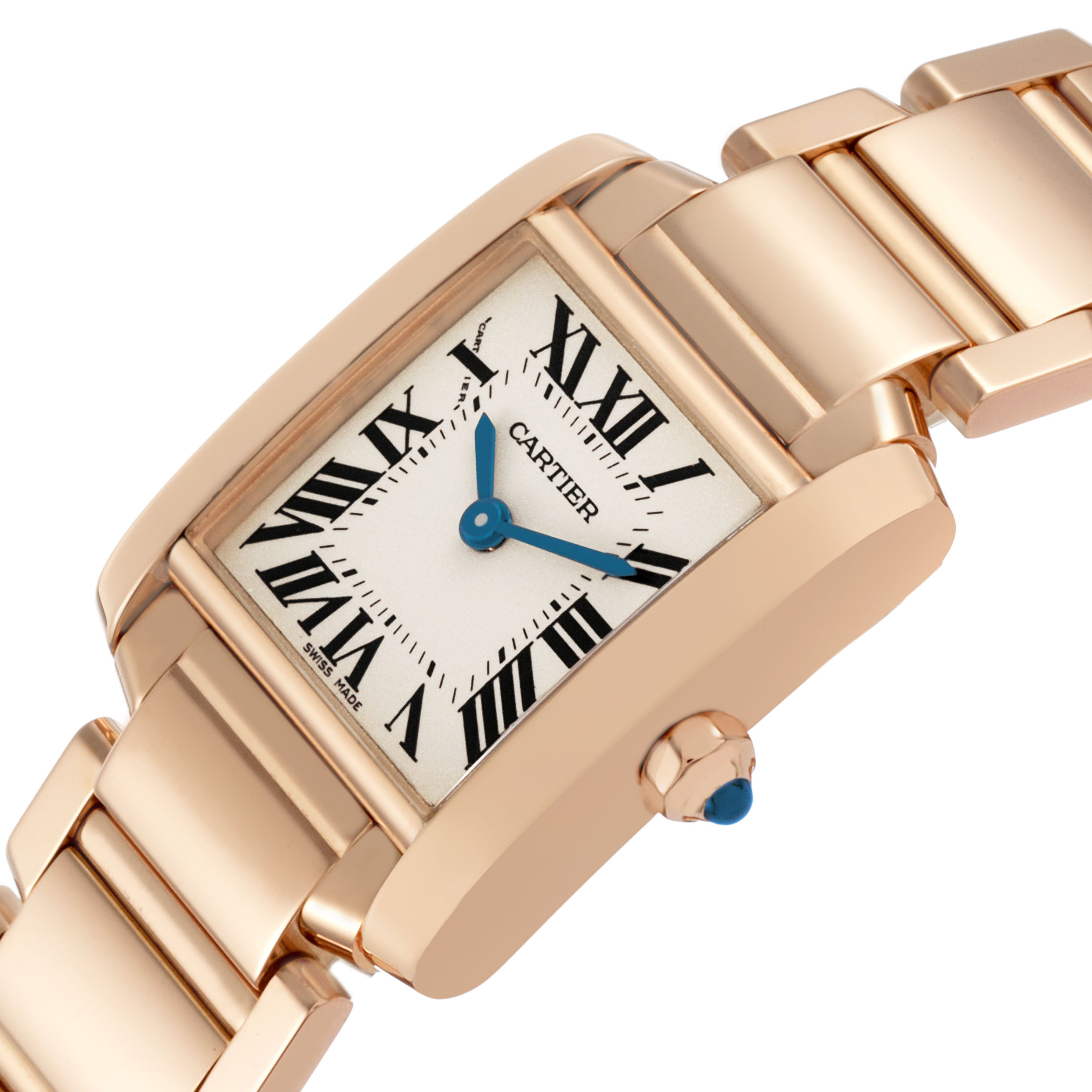 The Cartier Tank Française watch is shown at an angled view, displaying its rectangular face, Roman numerals, blue hands, and bracelet links.
