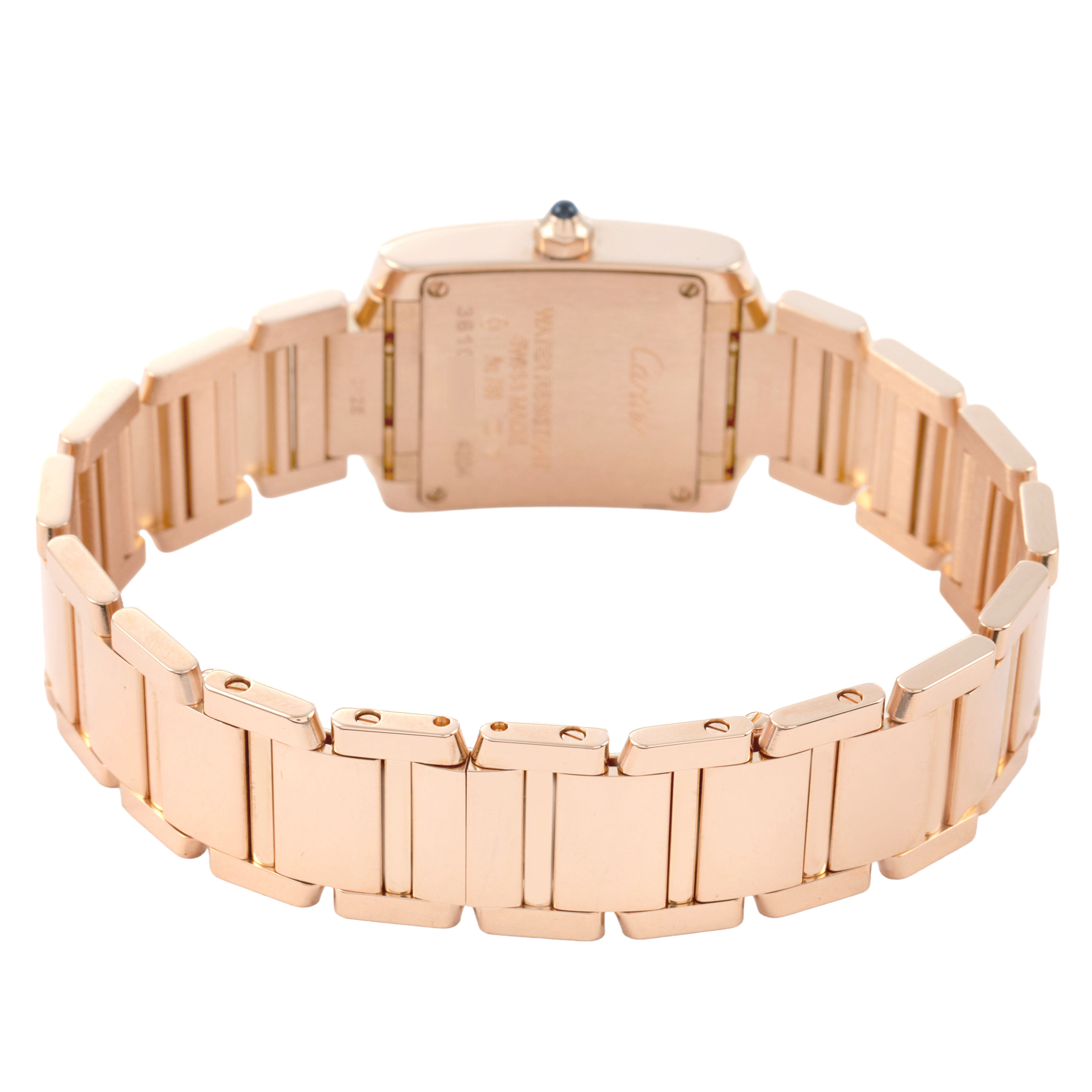 The image shows the back view of the Cartier Tank Française watch, highlighting the bracelet and case back.