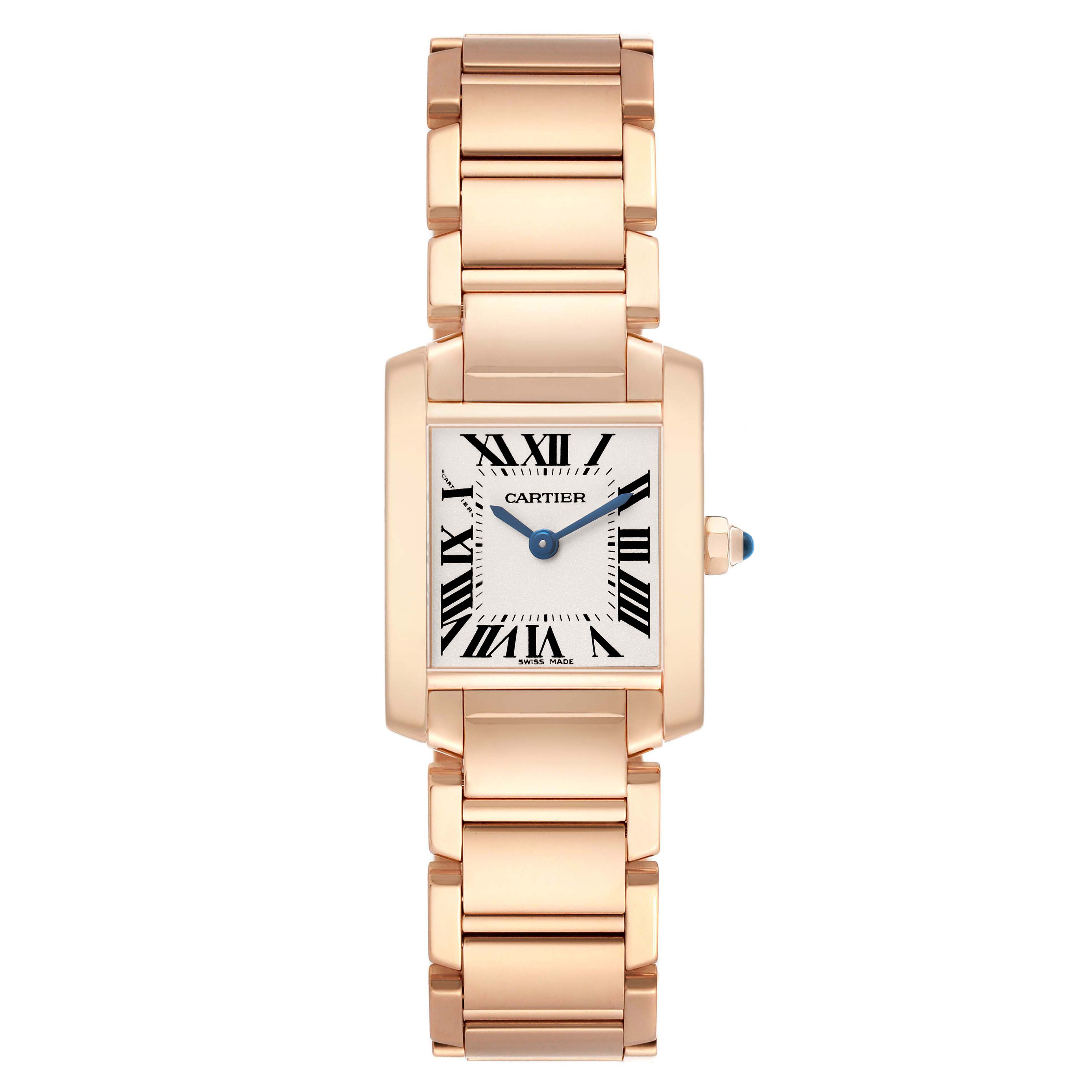 The Cartier Tank Française is shown from a frontal angle, featuring its face, bracelet, and crown with blue gemstone.