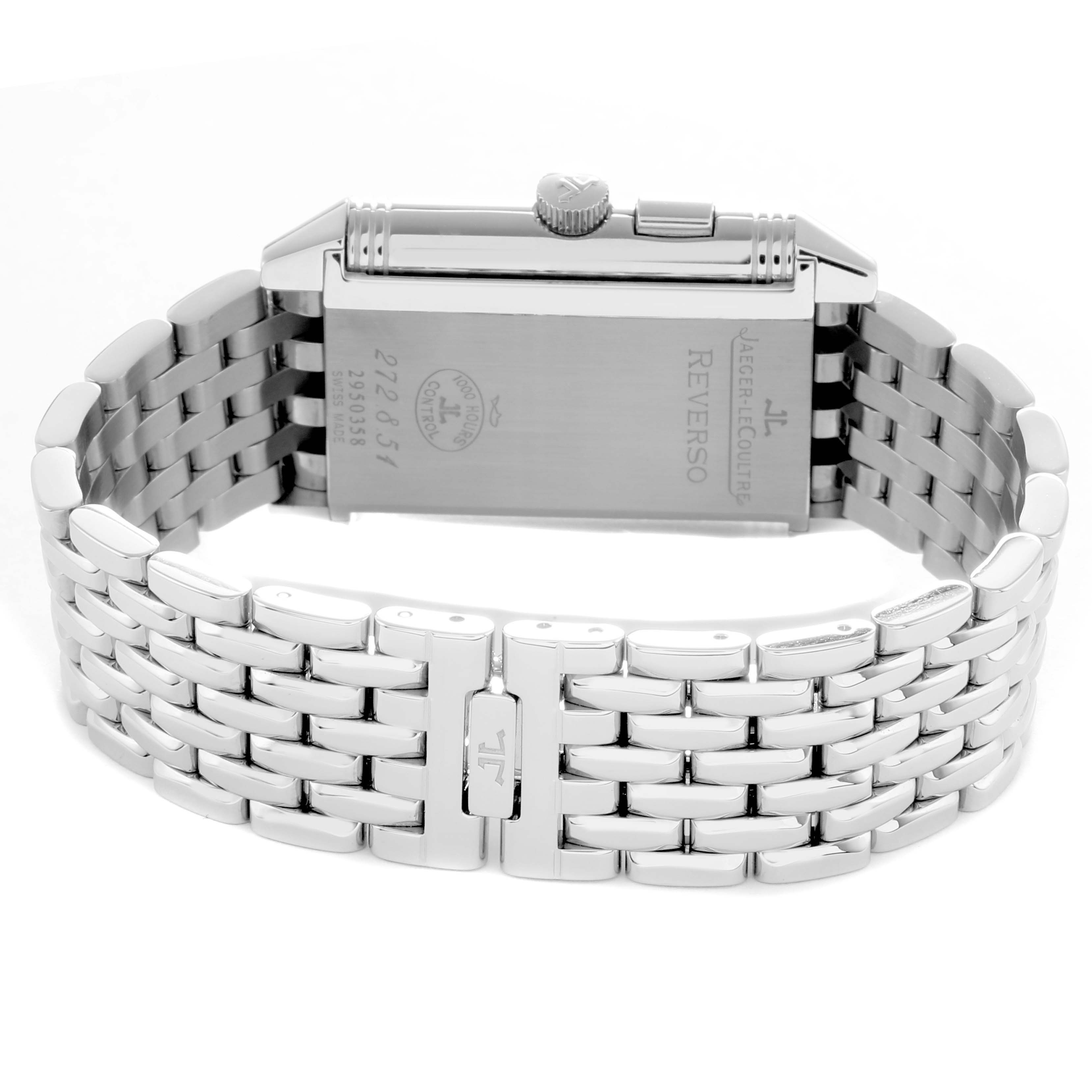 The image shows a Jaeger LeCoultre Reverso Q2718110 Men's Stainless Steel Silver Dial watch from the back, highlighting the case, crown, and metal bracelet.