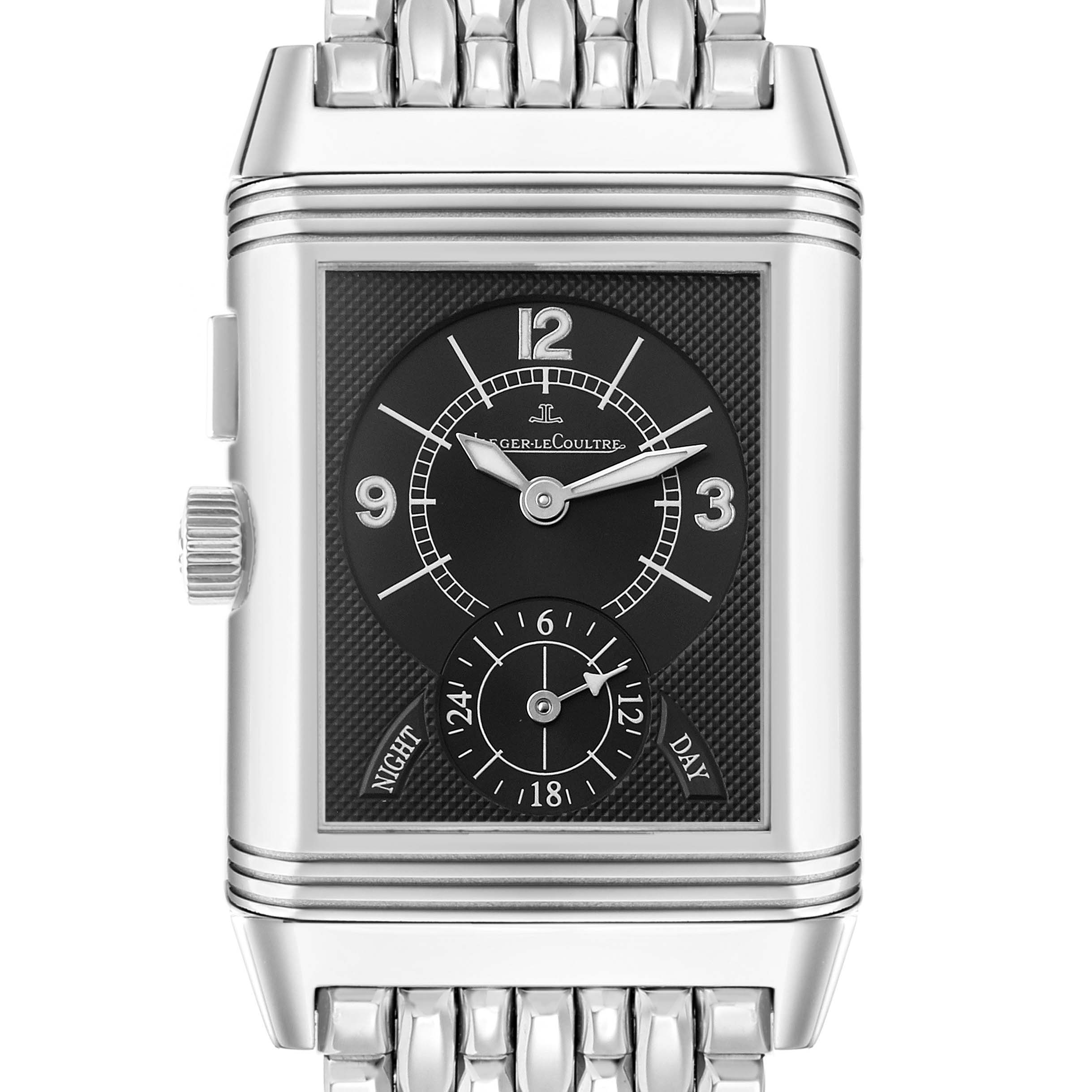 The Jaeger LeCoultre Reverso Q2718110 Men's Stainless Steel Silver Dial watch is shown from a front angle, displaying its rectangular dial, crown, and part of the bracelet.
