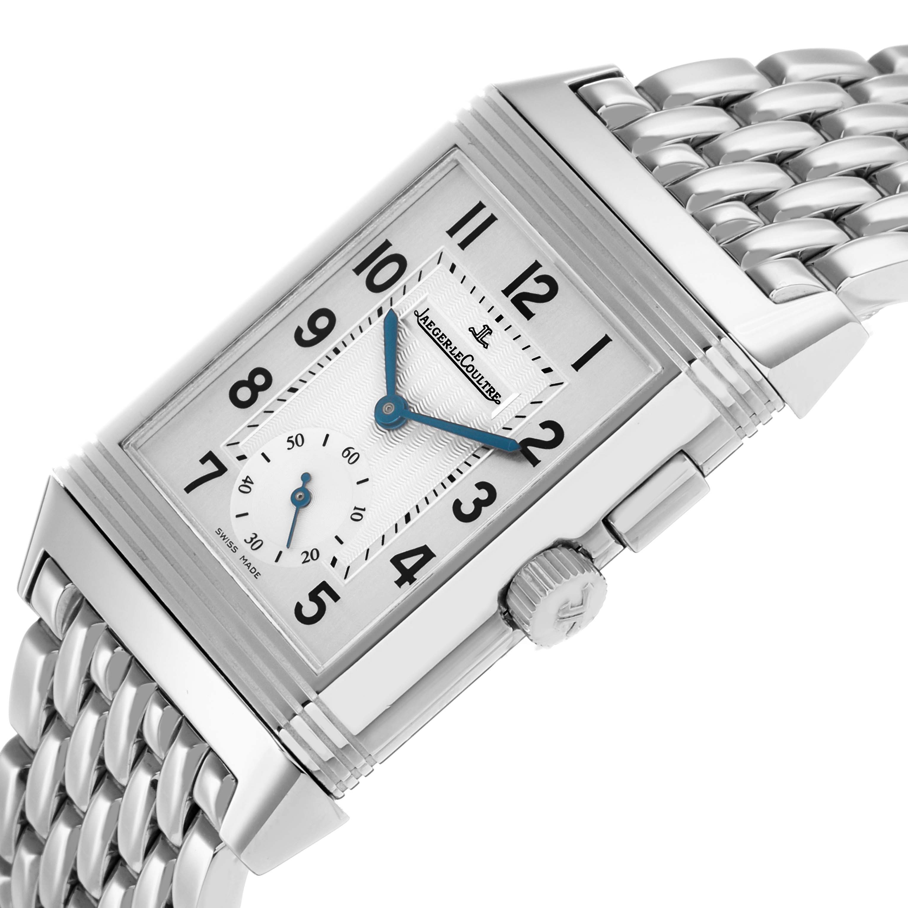 The Jaeger-LeCoultre Reverso watch is shown at an angled top view, highlighting the face, crown, and bracelet.
