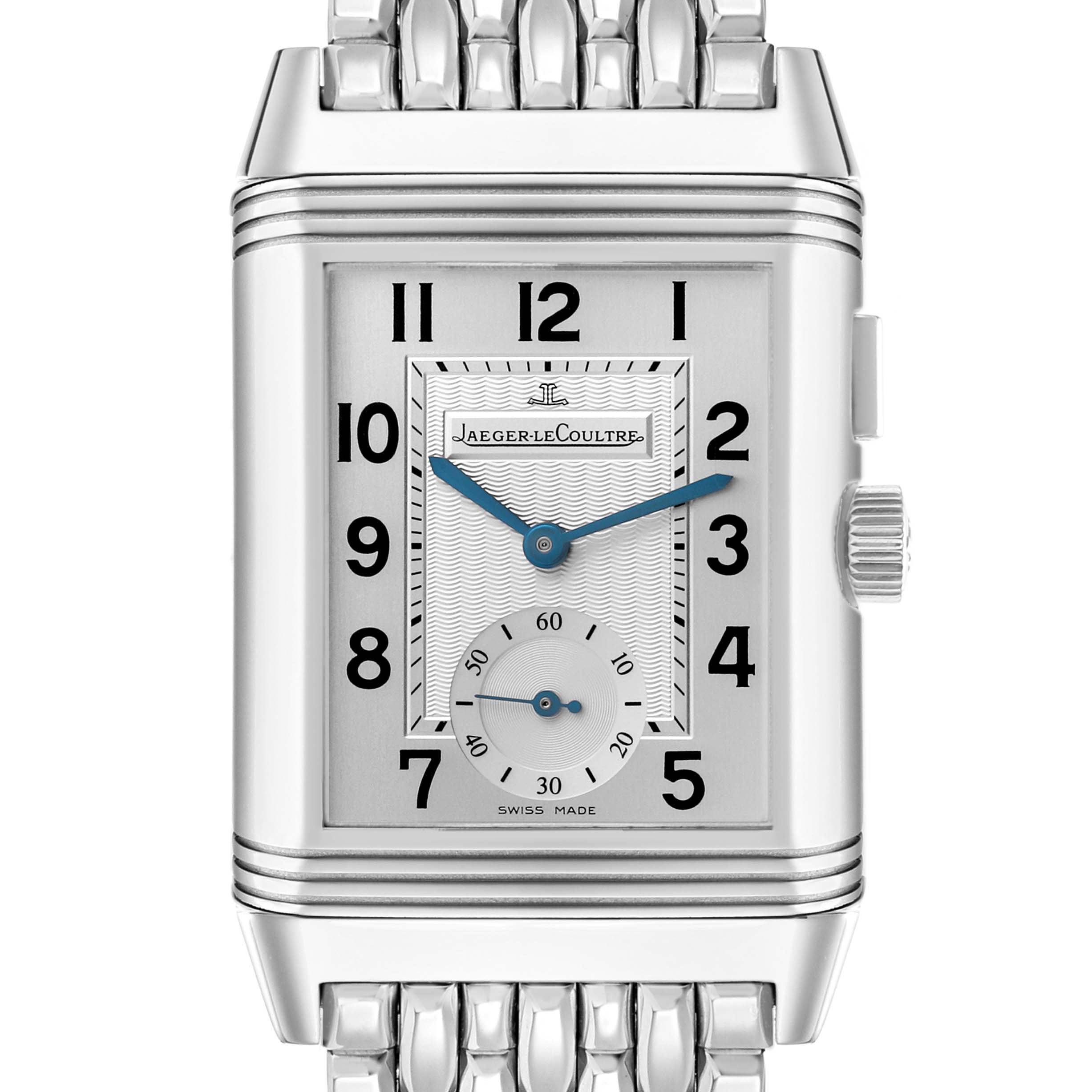 This image shows a frontal view of the Jaeger LeCoultre Reverso Q2718110 Men's Stainless Steel Silver Dial watch, highlighting its face, hands, and part of the bracelet.