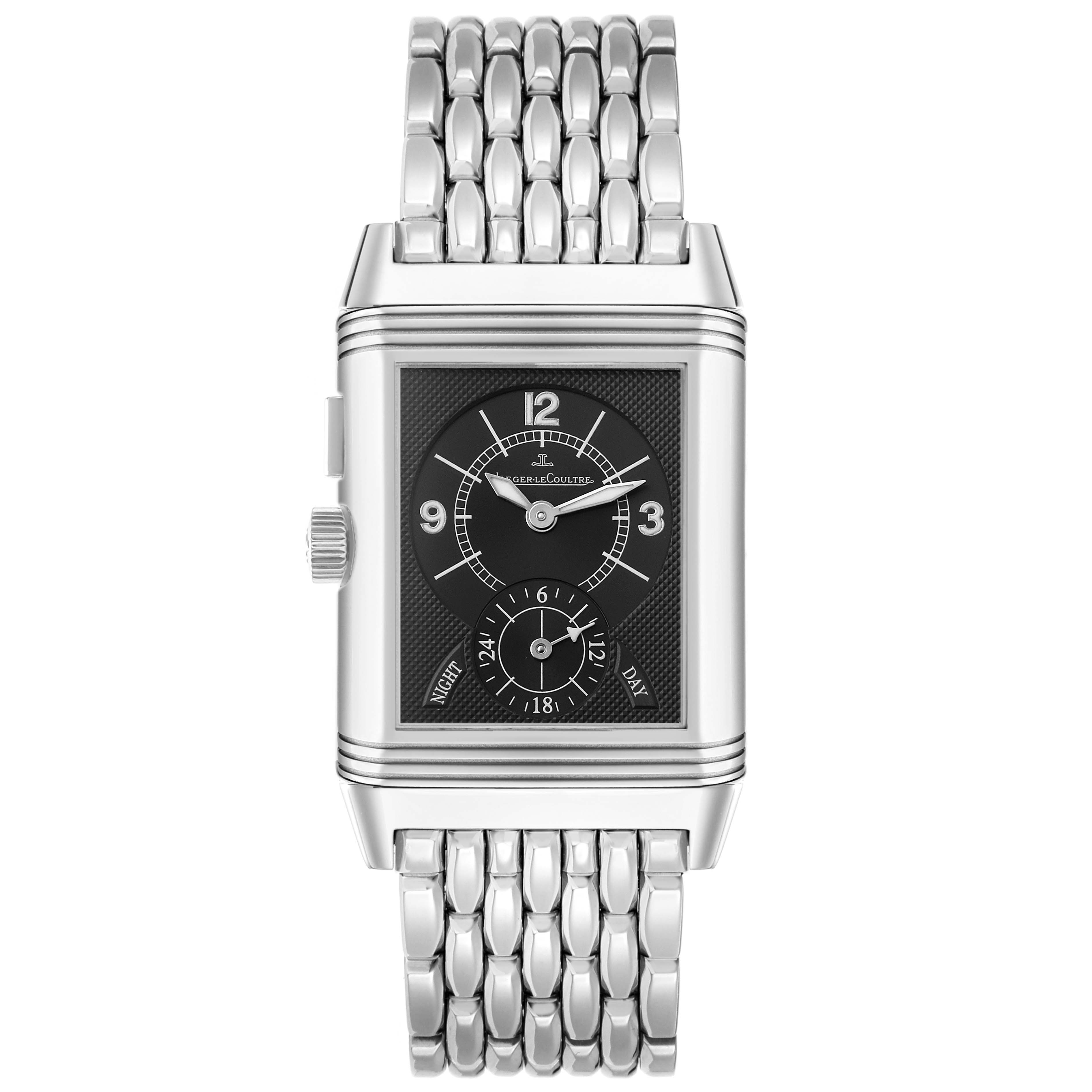 The Jaeger-LeCoultre Reverso watch is shown from a front angle, displaying the face, crown, and metal bracelet.
