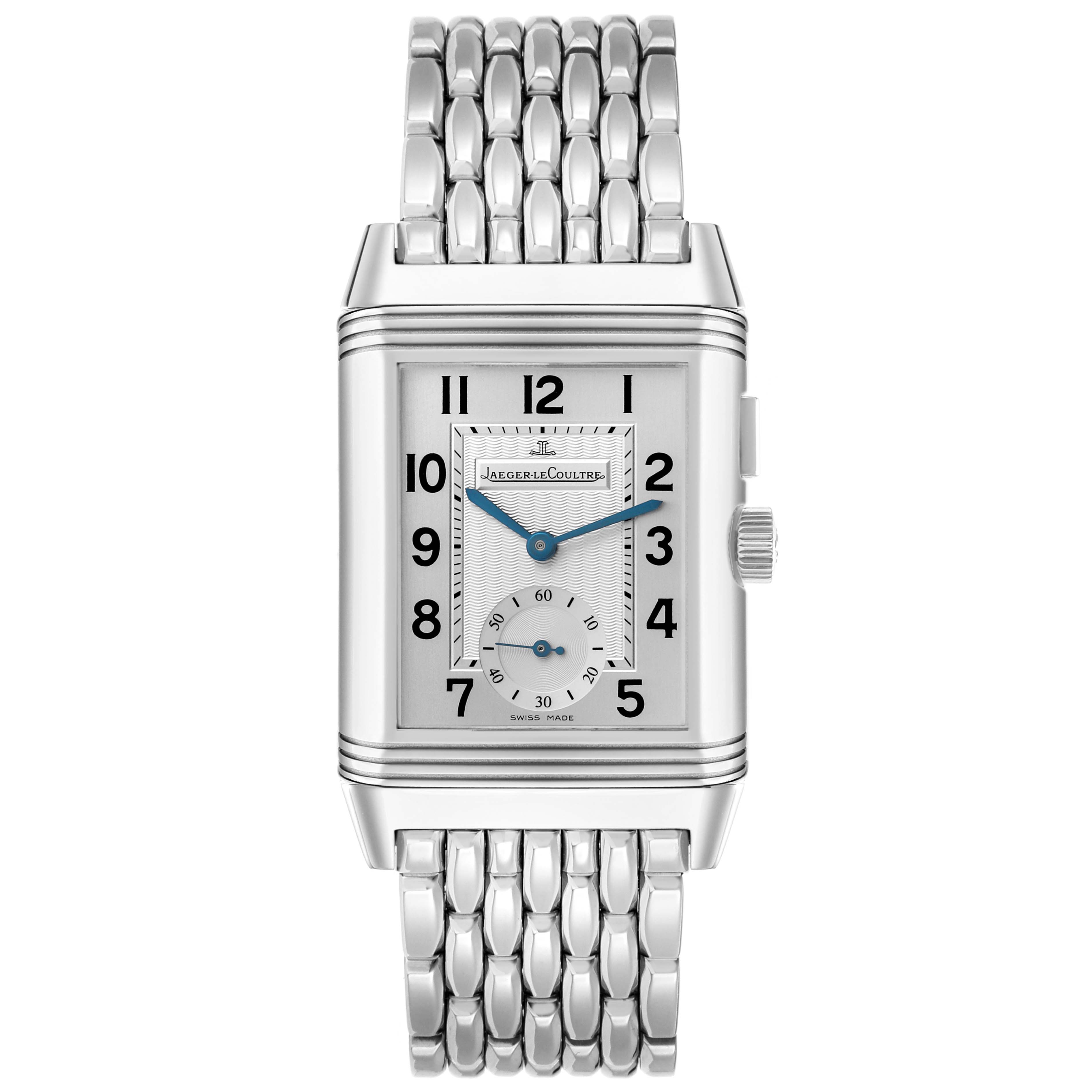 The Jaeger-LeCoultre Reverso watch is shown from the front, highlighting the rectangular face and metal bracelet.