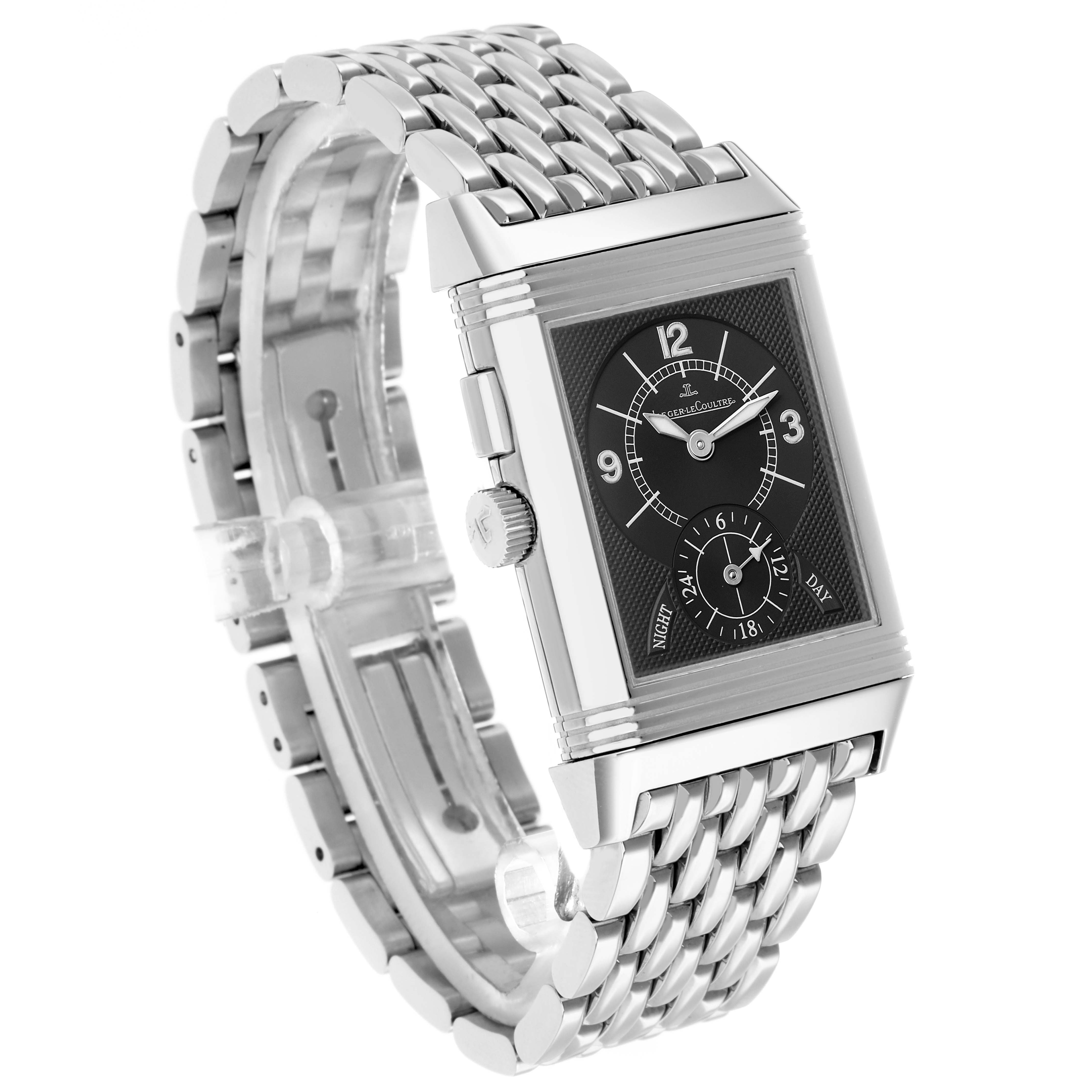 The Jaeger LeCoultre Reverso Q2718110 Men's Stainless Steel Silver Dial watch is shown at an angled view, displaying its face, crown, and metal bracelet.