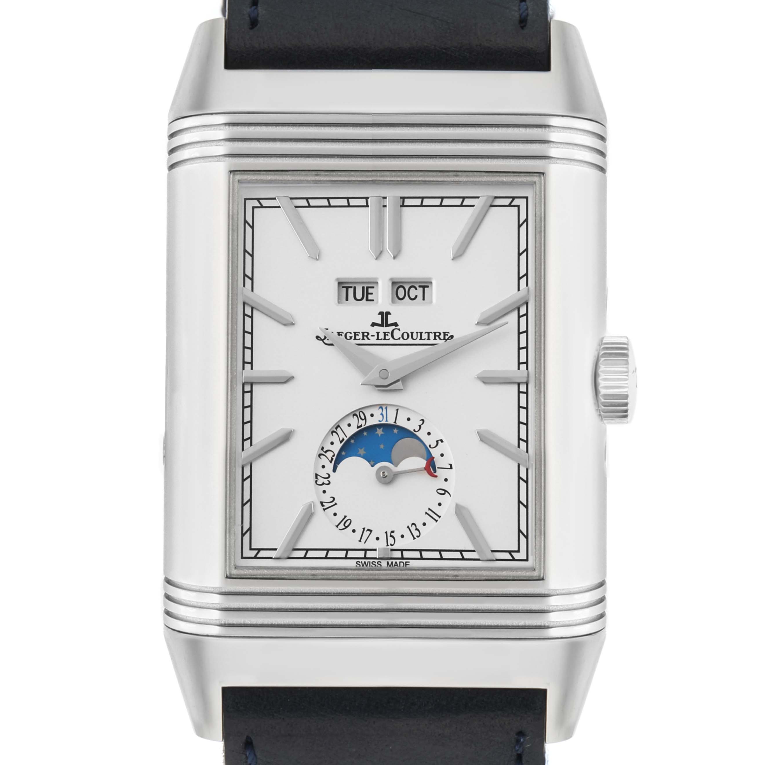 The Jaeger-LeCoultre Reverso watch is shown from the front, displaying its face, crown, and leather strap attachment.