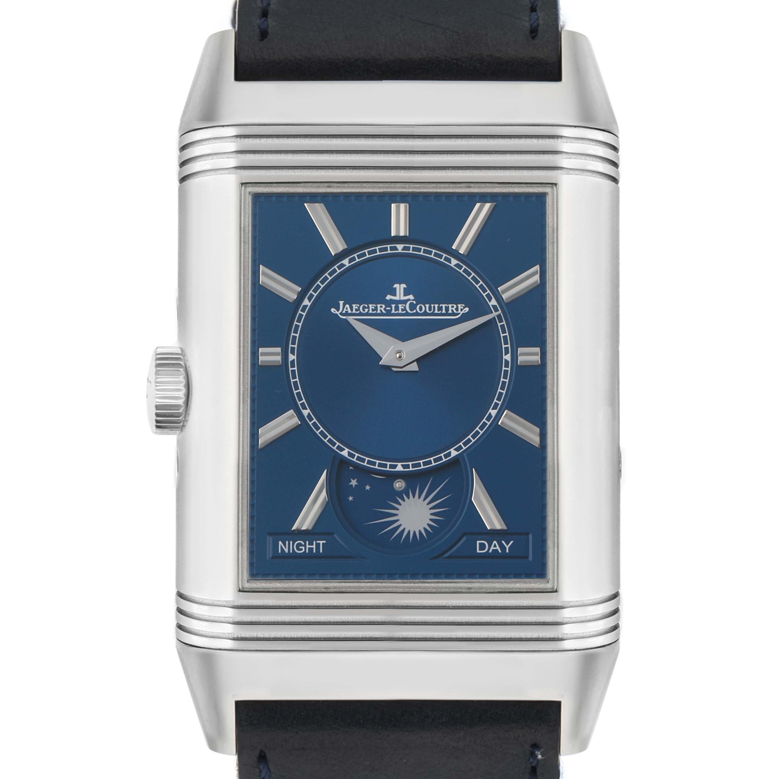 The Jaeger LeCoultre Reverso Q3918420 Men's Stainless Steel Silver Dial watch is shown from the front, highlighting its blue dial, rectangular case, and crown on the side.
